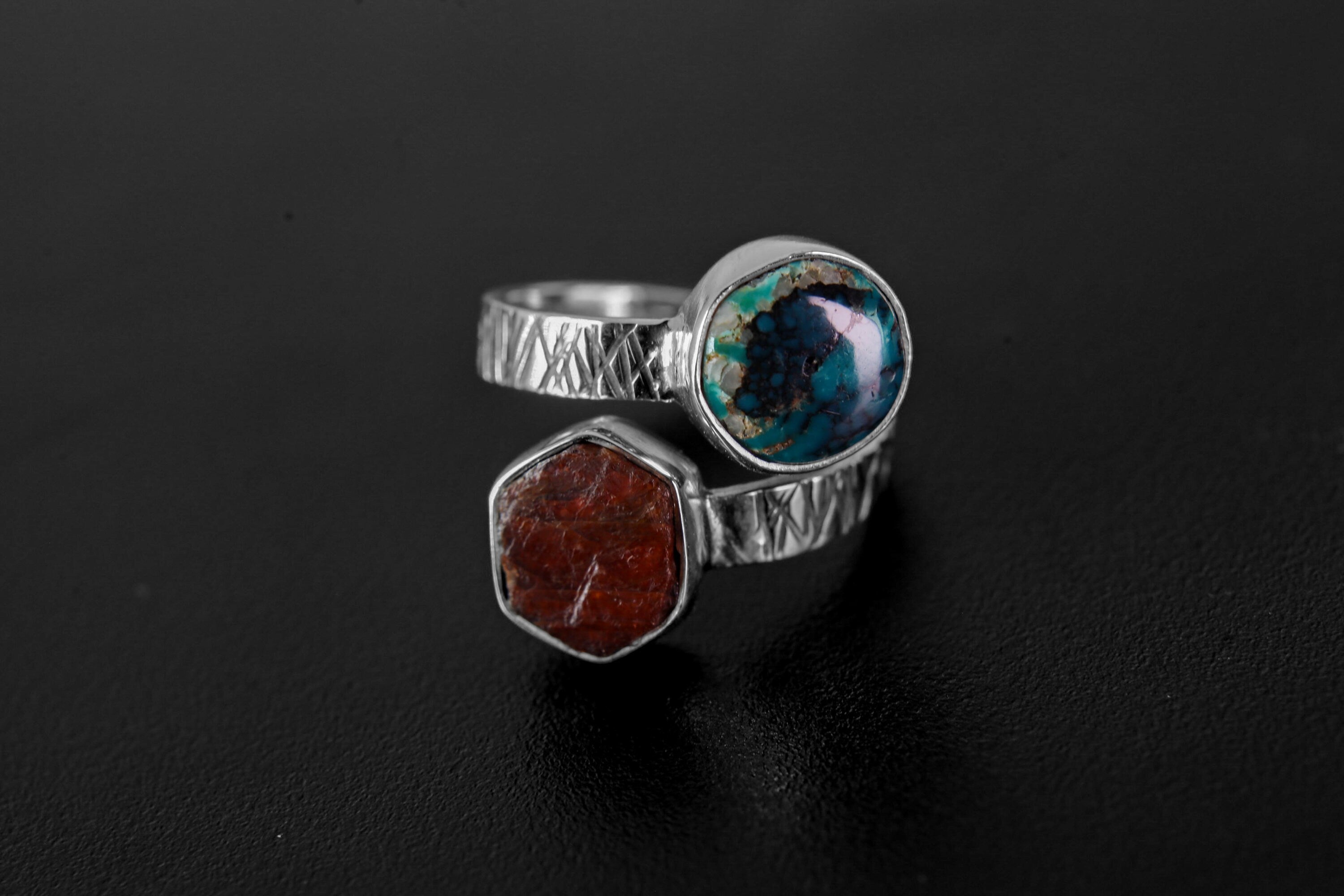 Hexagonal Gem Ruby & Sleeping Beauty Turquoise - 925 Sterling Silver - Double Stone - Textured, Polished - Adjustable Open Ring Band