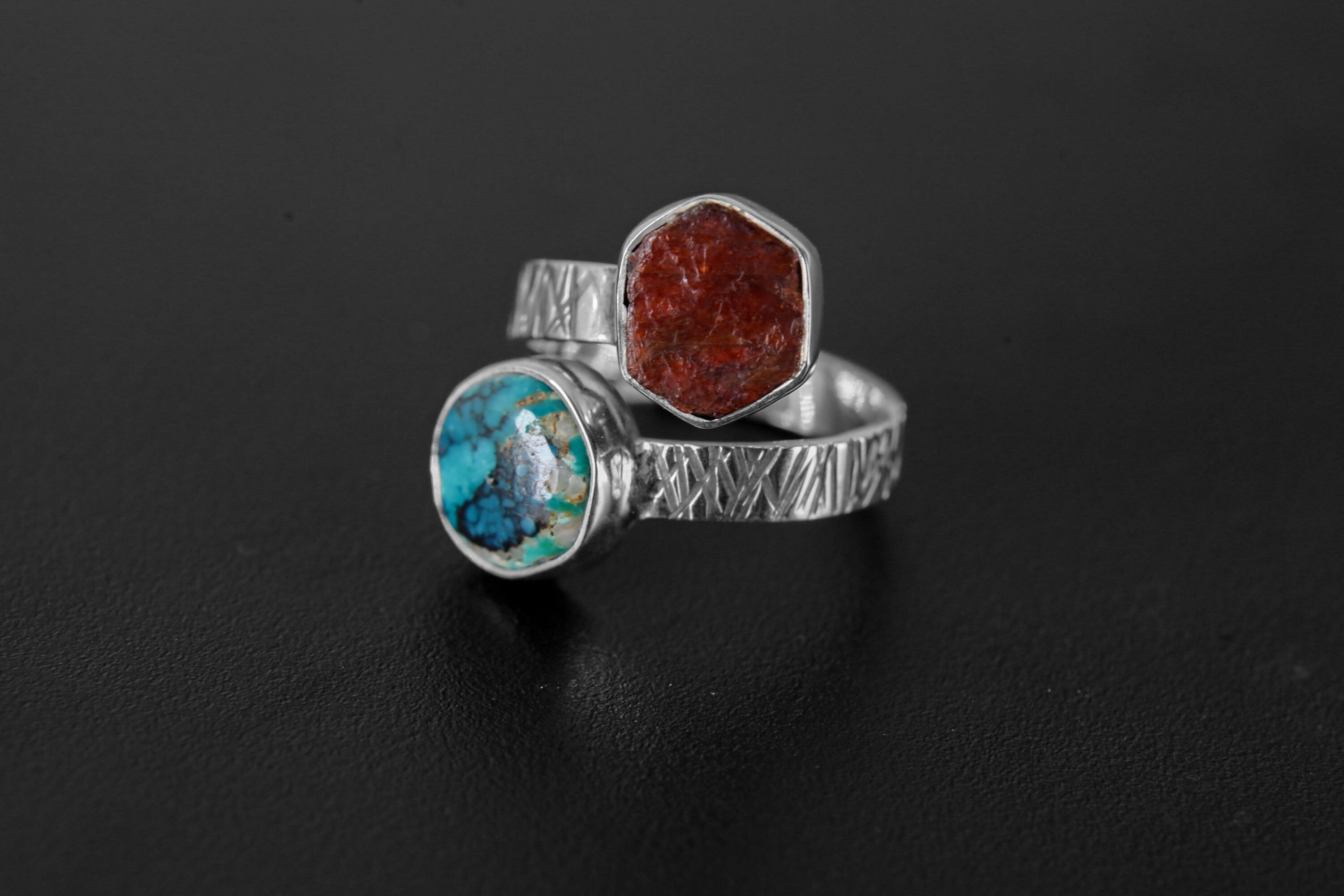 Hexagonal Gem Ruby & Sleeping Beauty Turquoise - 925 Sterling Silver - Double Stone - Textured, Polished - Adjustable Open Ring Band