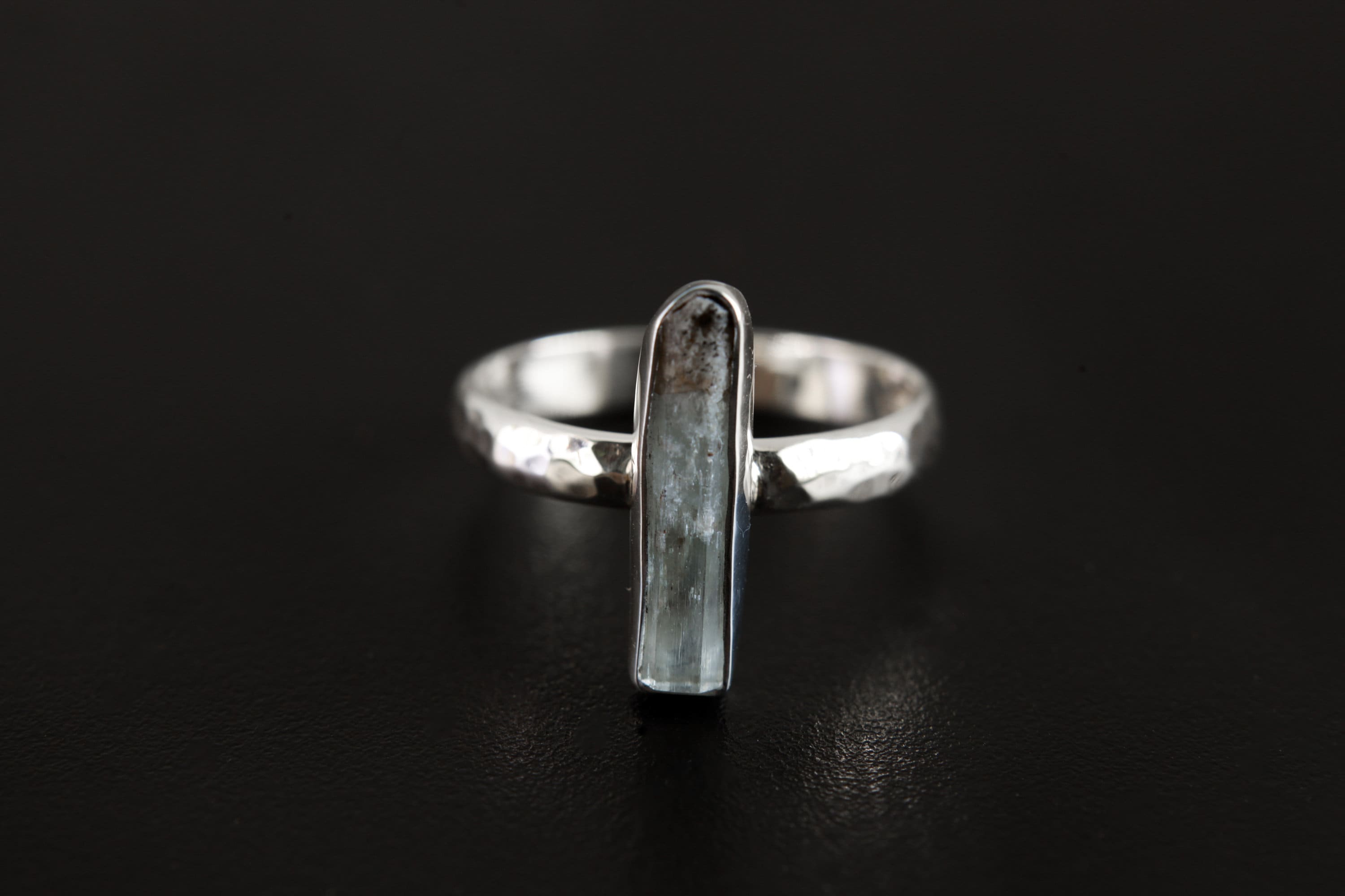 Long Beryl Shaped Fossicked Gem Aquamarine Ring Sterling Silver Hammer Textured & Shiny Finish Band Size 7 US Throat Chakra, Pisces/Aquarius