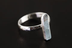 Long Beryl Shaped Fossicked Gem Aquamarine Ring Sterling Silver Hammer Textured & Shiny Finish Band Size 7 US Throat Chakra, Pisces/Aquarius