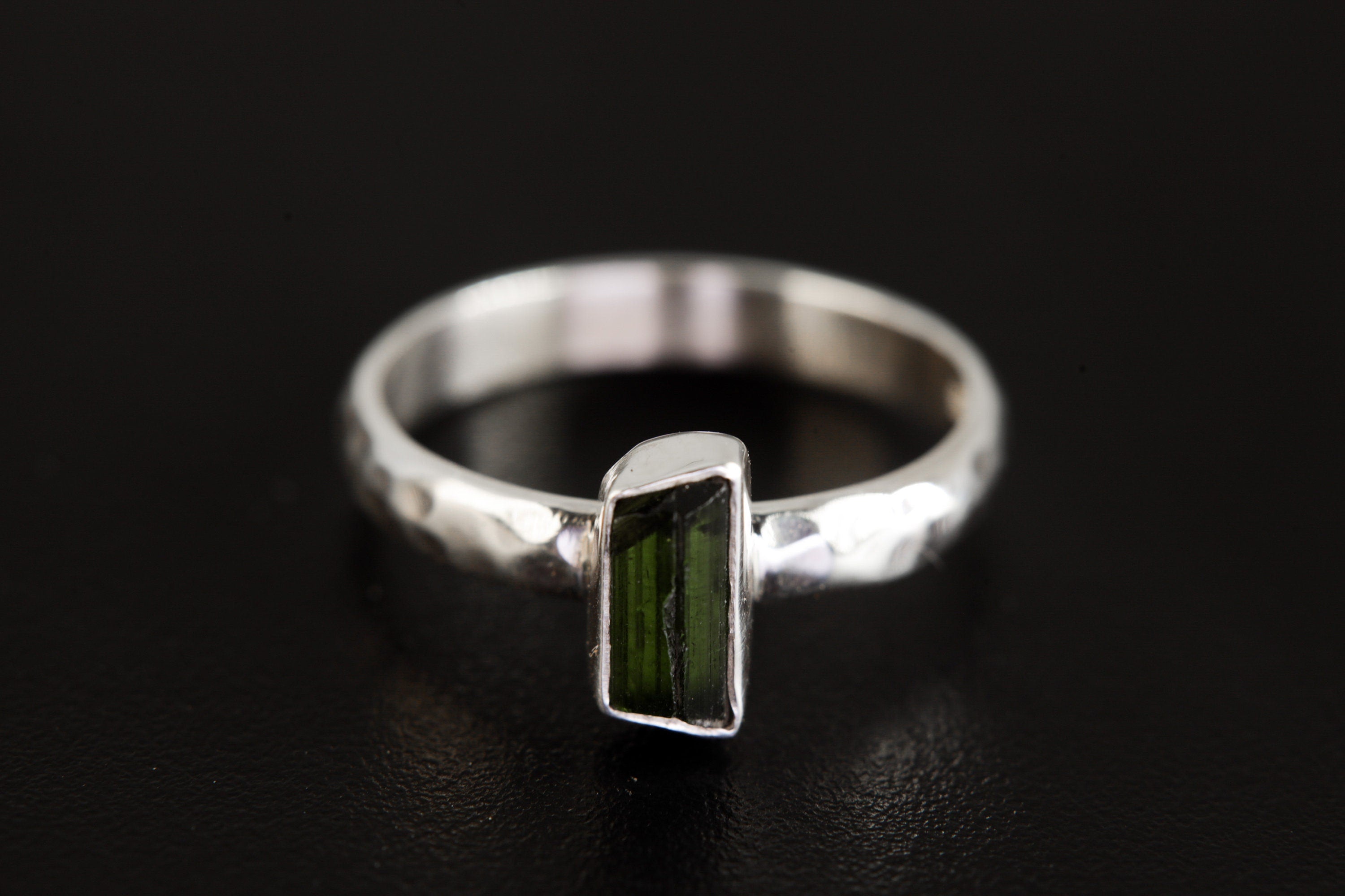 Natural Green Tourmaline Ring, Petite & Potent Gem, Sterling Silver, Hammer Textured Shiny Band Size 6 US, Heart Chakra Libra/Virgo Energy