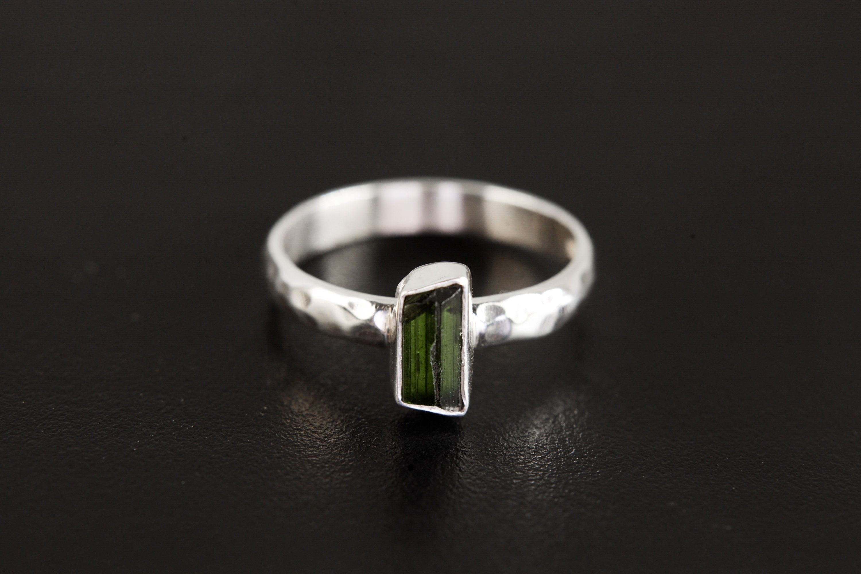 Natural Green Tourmaline Ring, Petite & Potent Gem, Sterling Silver, Hammer Textured Shiny Band Size 6 US, Heart Chakra Libra/Virgo Energy