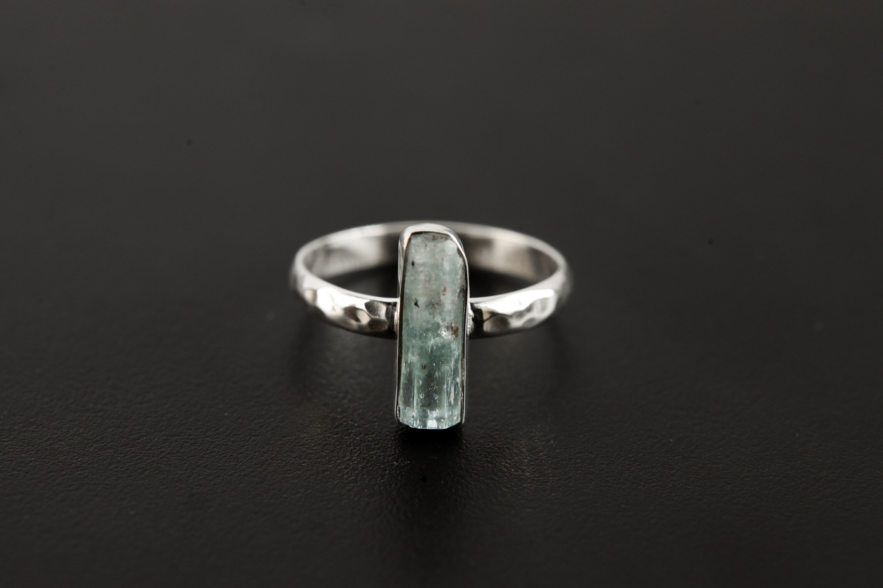 Aquamarine Crystal Ring, High Quality Gem, Sterling Silver, Hammer Textured & Shiny Half Round Band, Size 8 US, Throat Chakra, Pisces