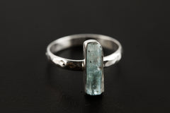 Aquamarine Crystal Ring, High Quality Gem, Sterling Silver, Hammer Textured & Shiny Half Round Band, Size 8 US, Throat Chakra, Pisces