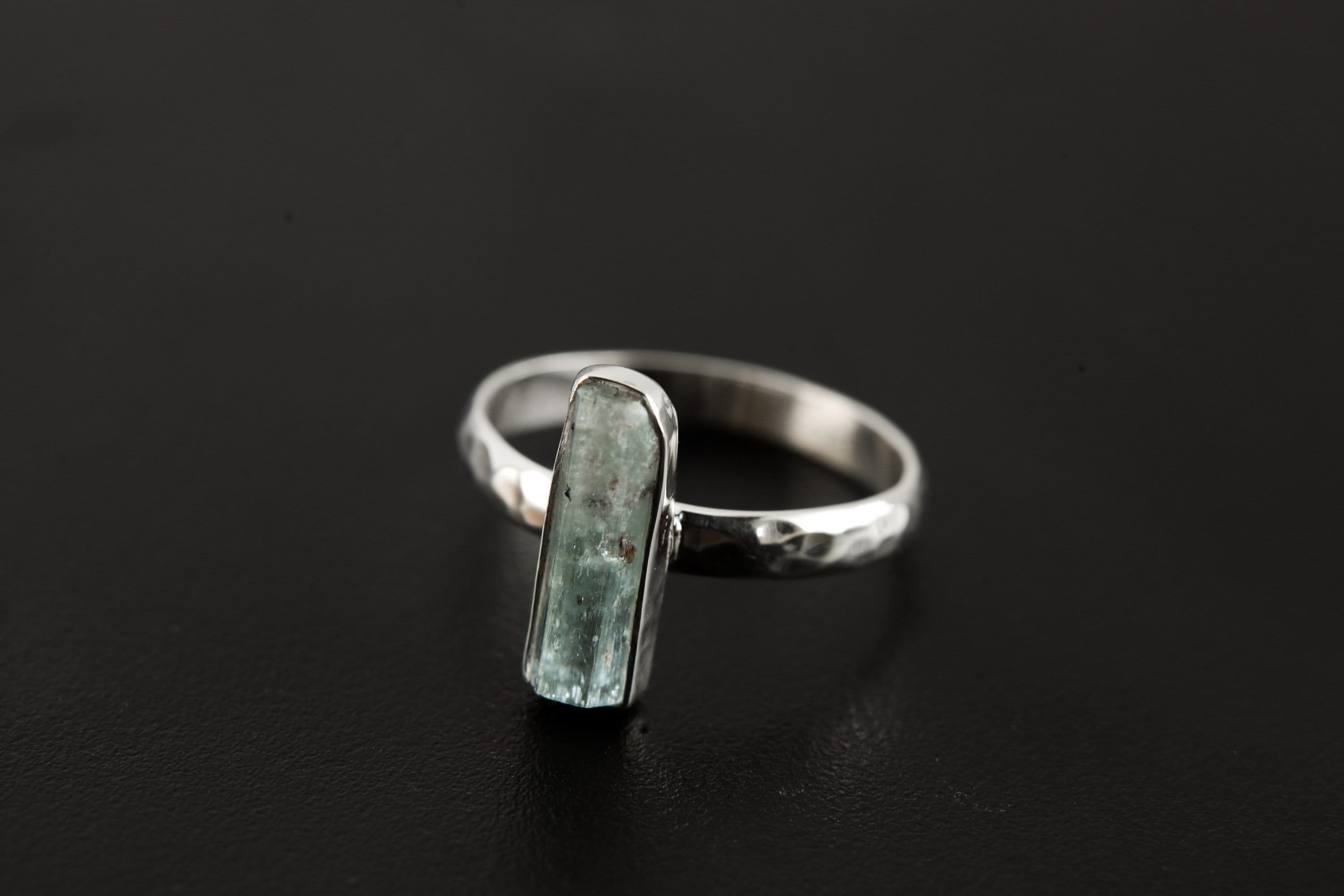 Aquamarine Crystal Ring, High Quality Gem, Sterling Silver, Hammer Textured & Shiny Half Round Band, Size 8 US, Throat Chakra, Pisces