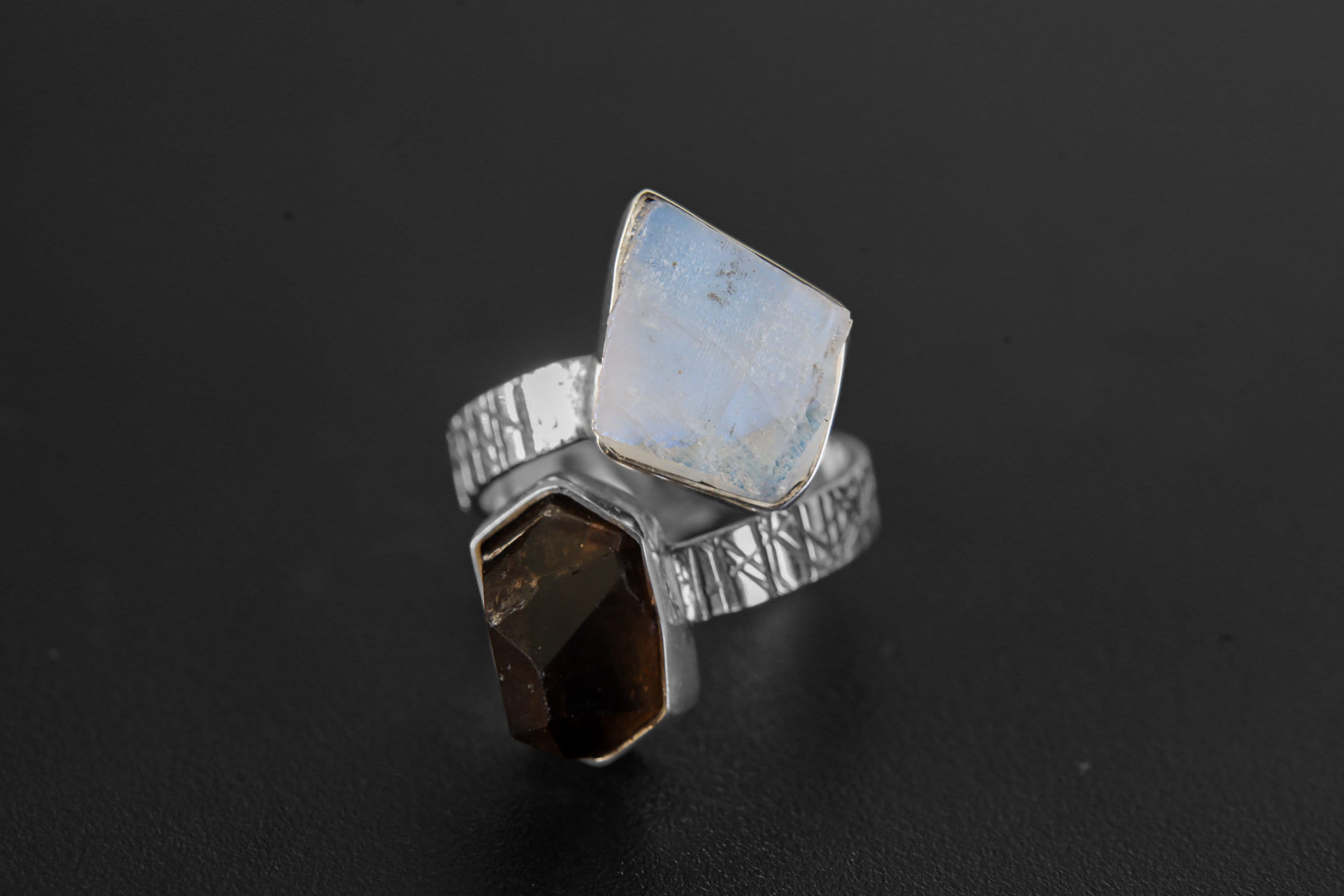 Rough Blue Moonstone, Morella Smoky Quartz - Double Stone - Textured, High Shine Polish - Adjustable Open Ring Band