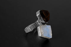 Rough Blue Moonstone, Morella Smoky Quartz - Double Stone - Textured, High Shine Polish - Adjustable Open Ring Band