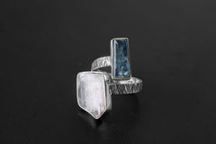 Pink Kunzite, Ocean Kyanite - 925 Sterling Silver - Double Stone - Textured, High Shine Polish - Adjustable Open Ring Band