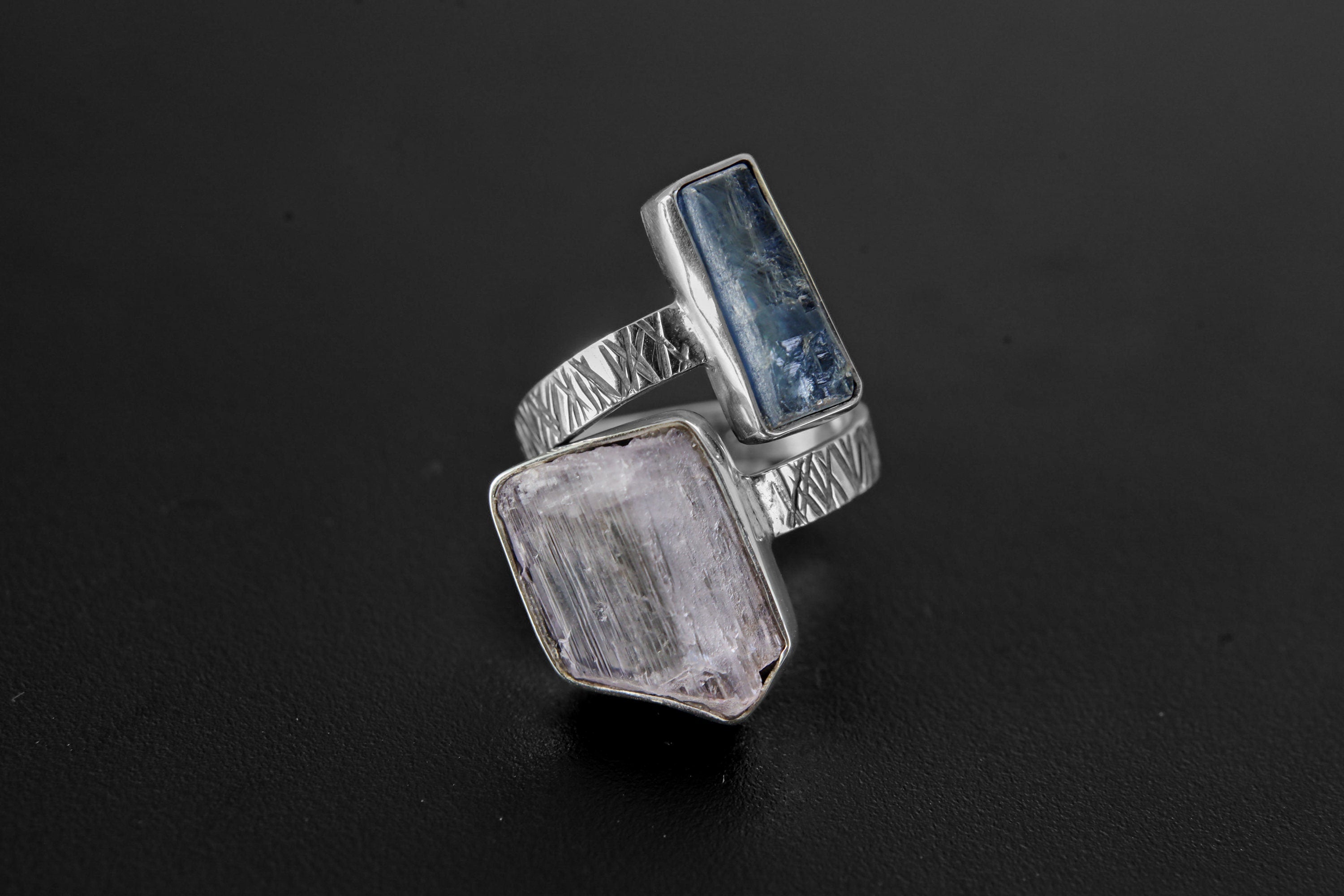 Pink Kunzite, Ocean Kyanite - 925 Sterling Silver - Double Stone - Textured, High Shine Polish - Adjustable Open Ring Band