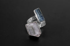 Pink Kunzite, Ocean Kyanite - 925 Sterling Silver - Double Stone - Textured, High Shine Polish - Adjustable Open Ring Band