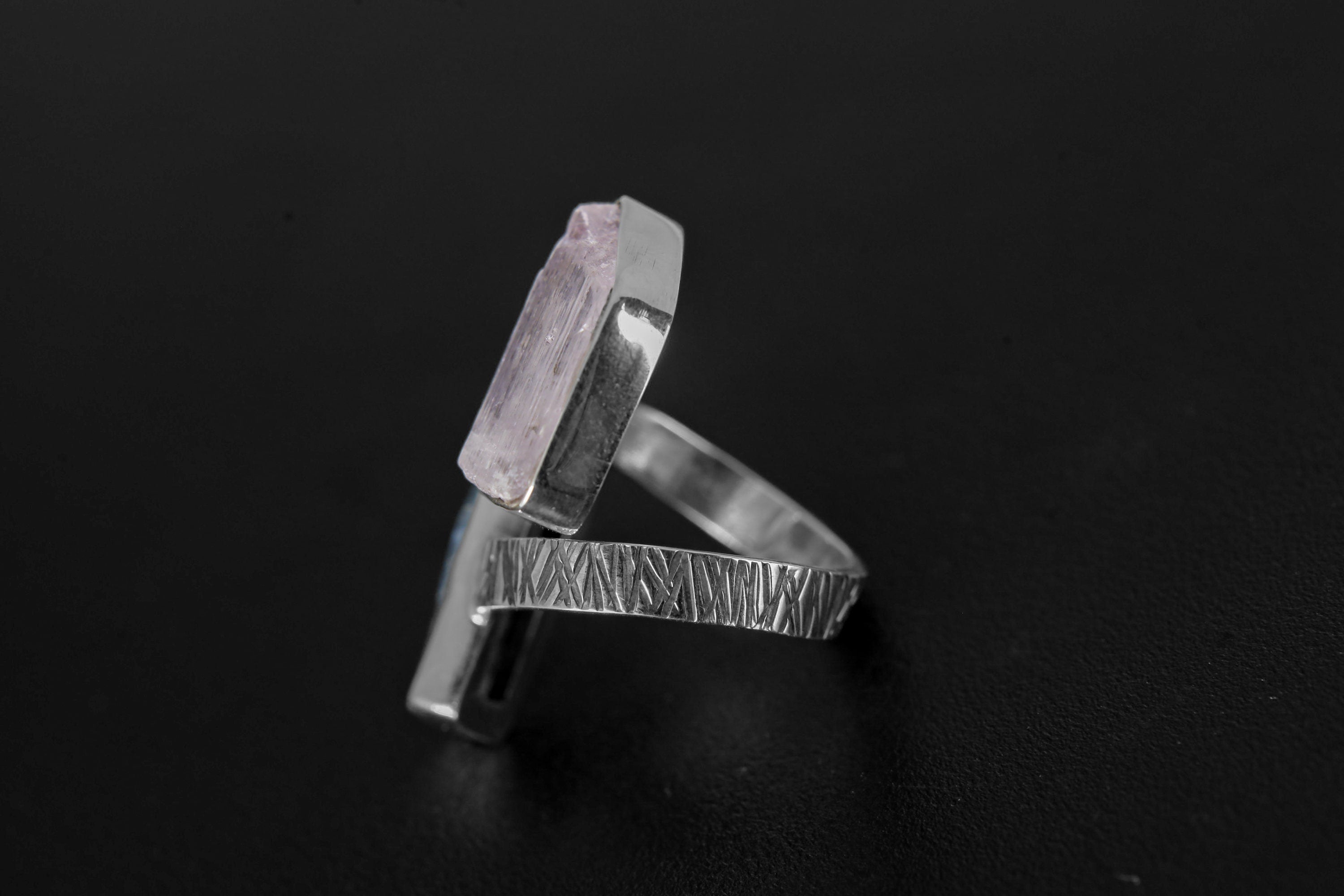 Pink Kunzite, Ocean Kyanite - 925 Sterling Silver - Double Stone - Textured, High Shine Polish - Adjustable Open Ring Band