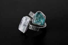 Gem Aquamarine, Blue Crystal Apatite - 925 Sterling Silver - Double Stone - Textured, High Shine Polish - Adjustable Open Ring Band