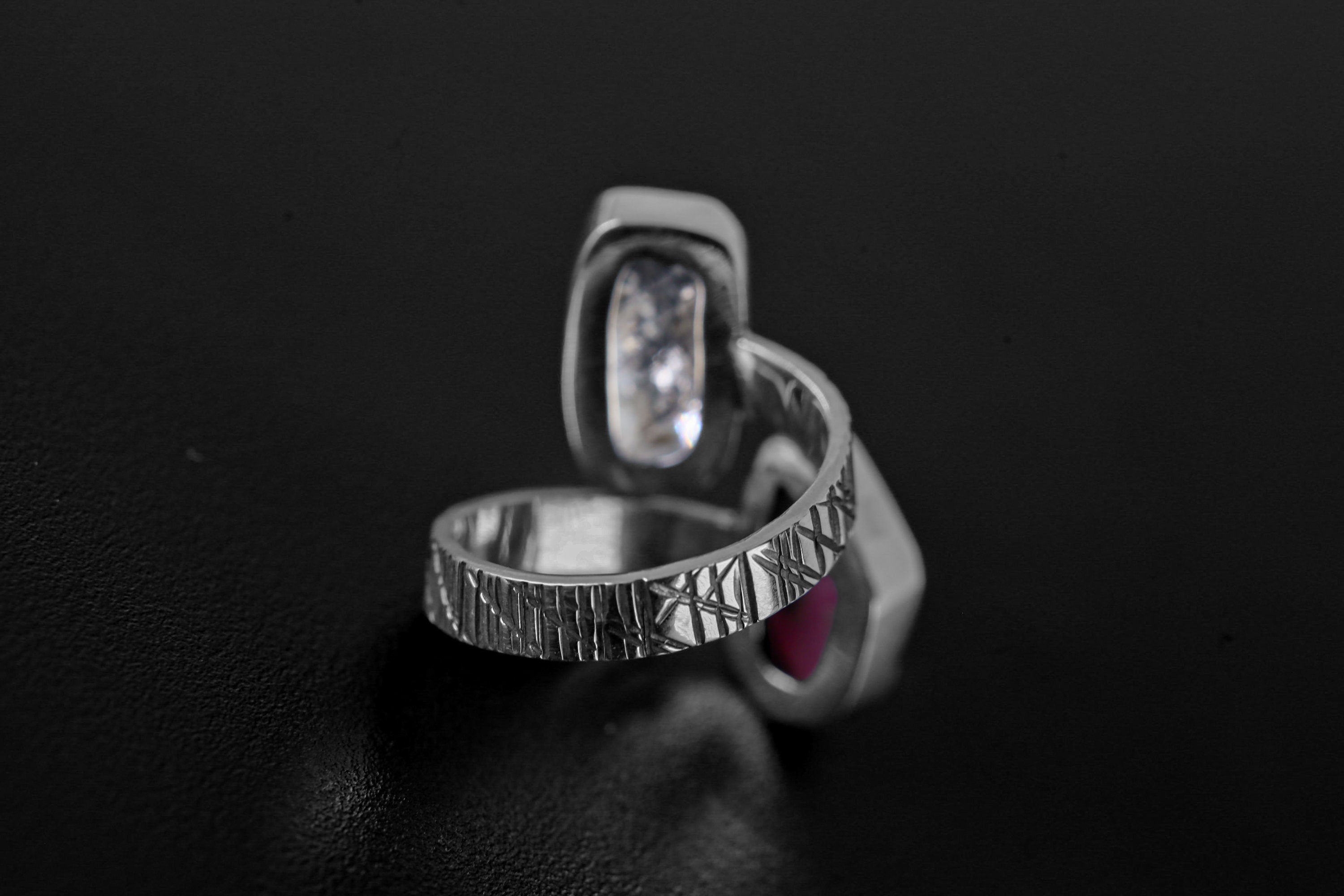 Herkimer Diamond, Raw Gem Ruby - 925 Sterling Silver - Double Stone - Textured, High Shine Polish - Adjustable Open Ring Band