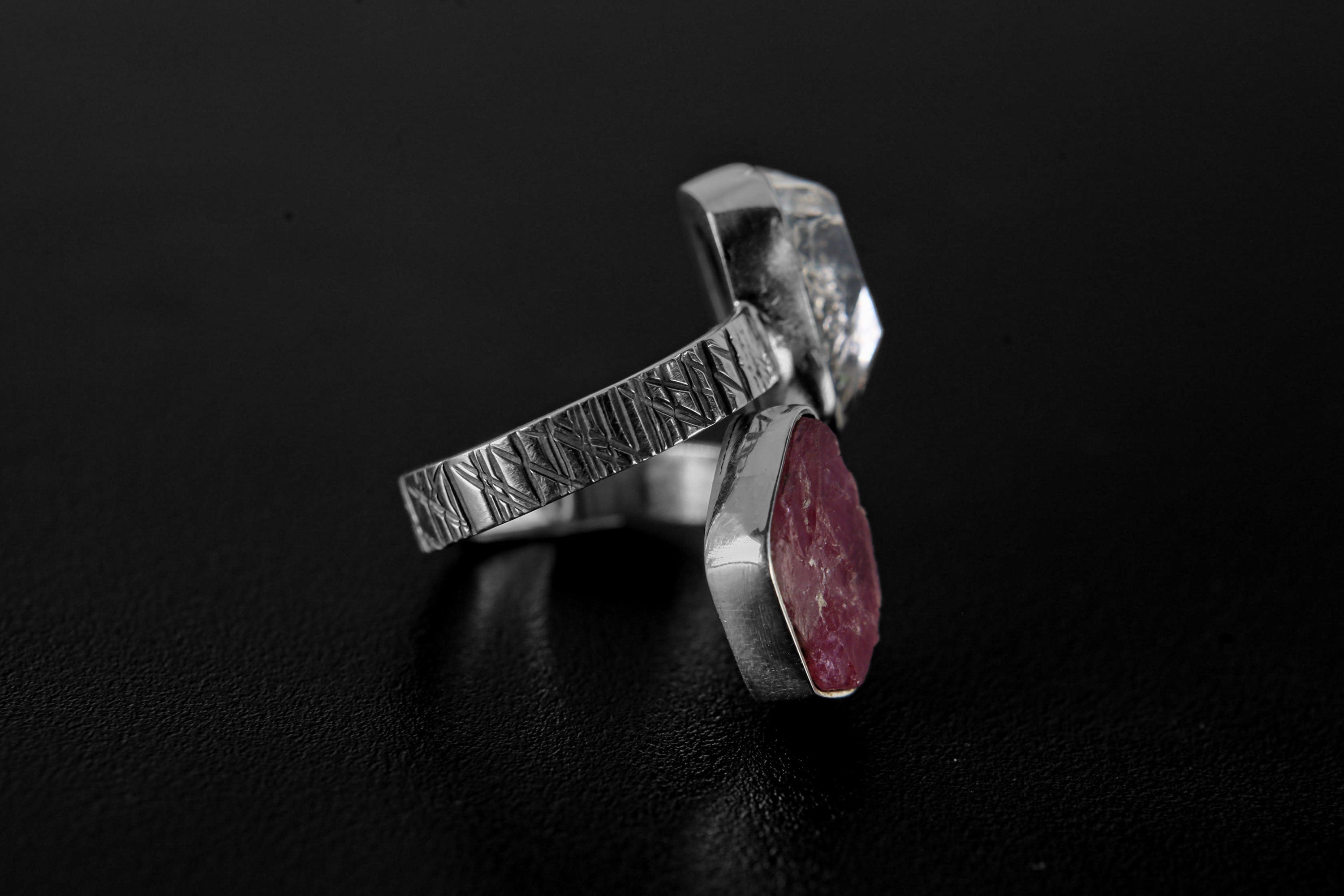 Herkimer Diamond, Raw Gem Ruby - 925 Sterling Silver - Double Stone - Textured, High Shine Polish - Adjustable Open Ring Band