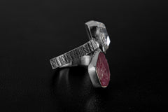 Herkimer Diamond, Raw Gem Ruby - 925 Sterling Silver - Double Stone - Textured, High Shine Polish - Adjustable Open Ring Band