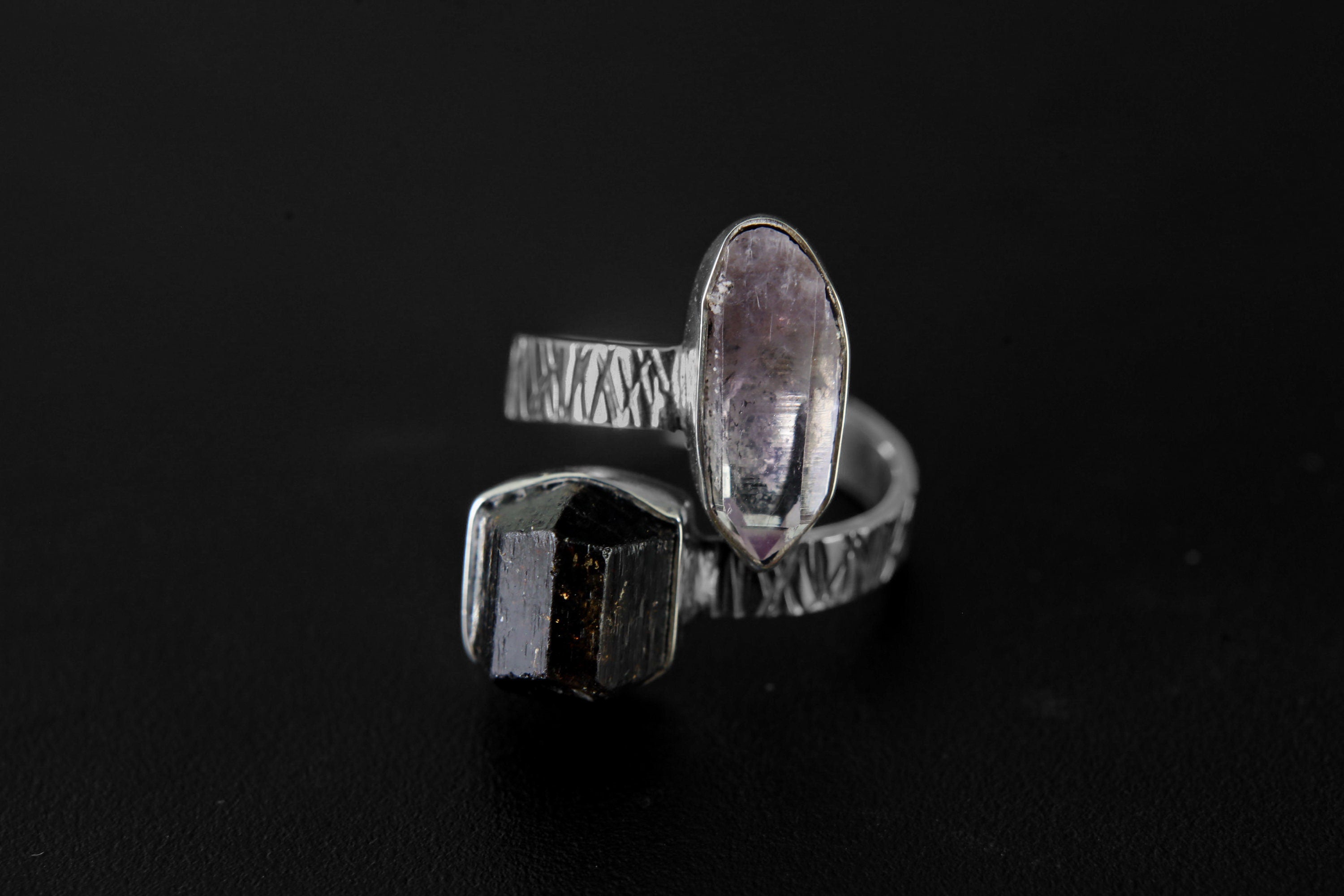 DT Vera Cruz Amethyst, Dt Brown Tourmaline - 925 Sterling Silver - Double Stone - Textured, Shiny Finish - Adjustable Open Ring Band