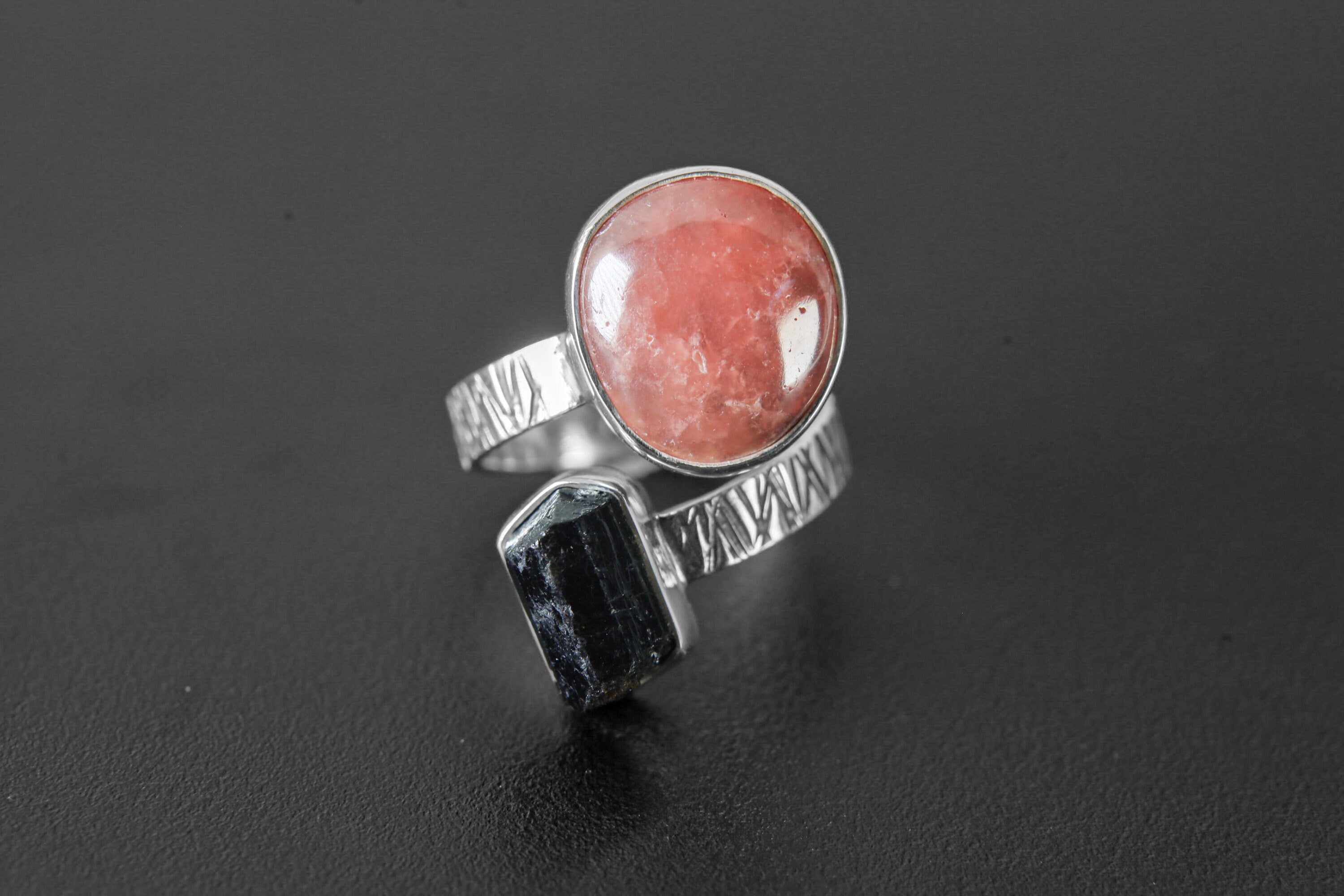 Gem Dravite tourmaline, Sunstone - 925 Sterling Silver - Double Stone - Textured, Shiny Finish - Adjustable Open Ring Band