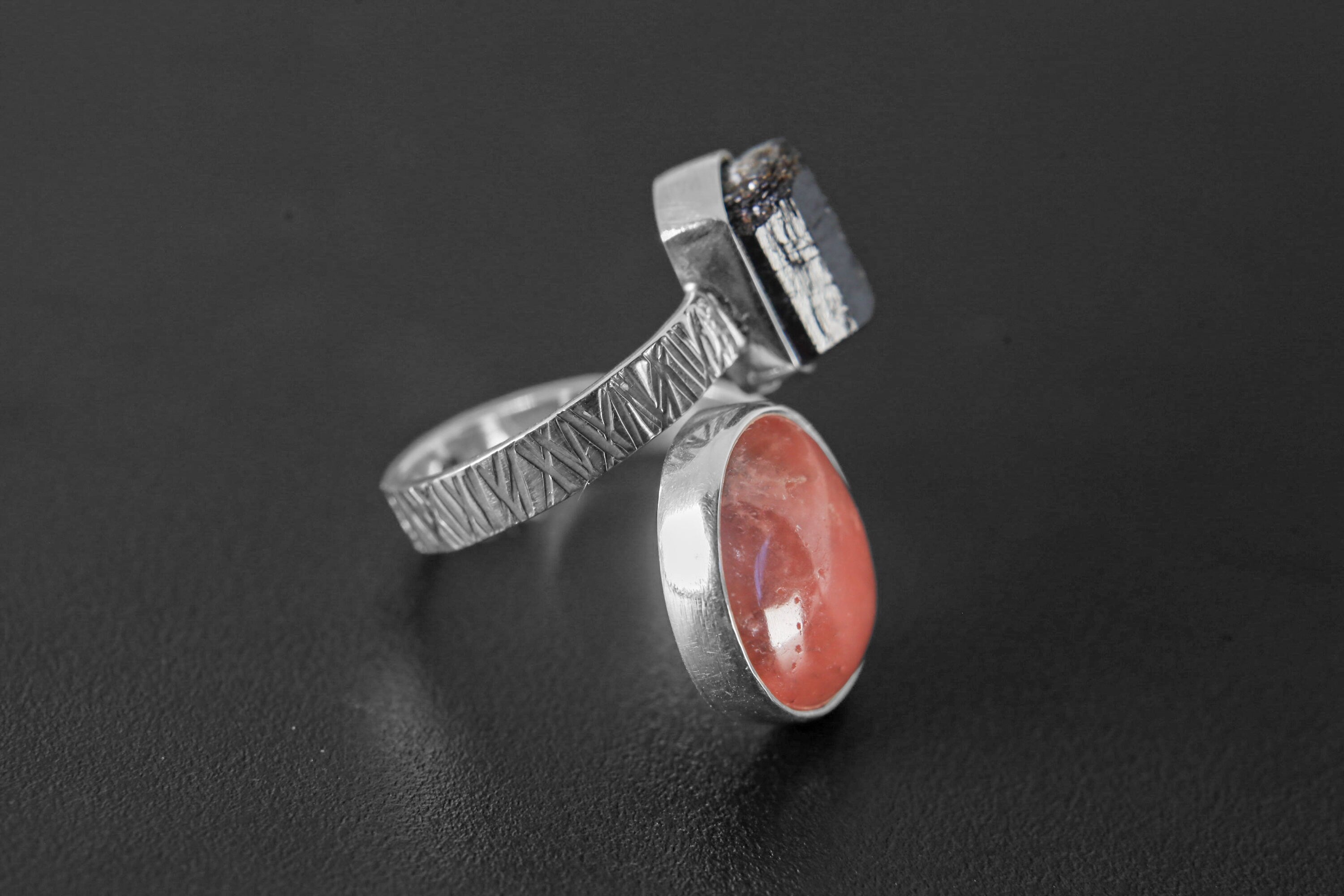 Gem Dravite tourmaline, Sunstone - 925 Sterling Silver - Double Stone - Textured, Shiny Finish - Adjustable Open Ring Band