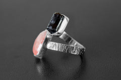 Gem Dravite tourmaline, Sunstone - 925 Sterling Silver - Double Stone - Textured, Shiny Finish - Adjustable Open Ring Band