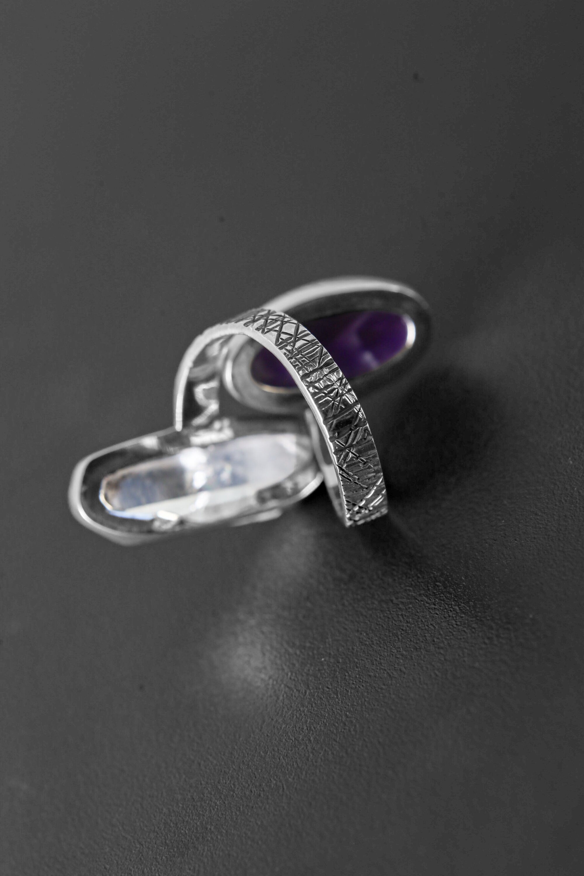 Chevron Amethyst, Double Terminated Quartz- 925 Sterling Silver - Double Stone - Textured, Shiny Finish - Adjustable Open Ring Band