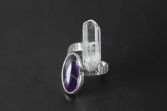 Chevron Amethyst, Double Terminated Quartz- 925 Sterling Silver - Double Stone - Textured, Shiny Finish - Adjustable Open Ring Band