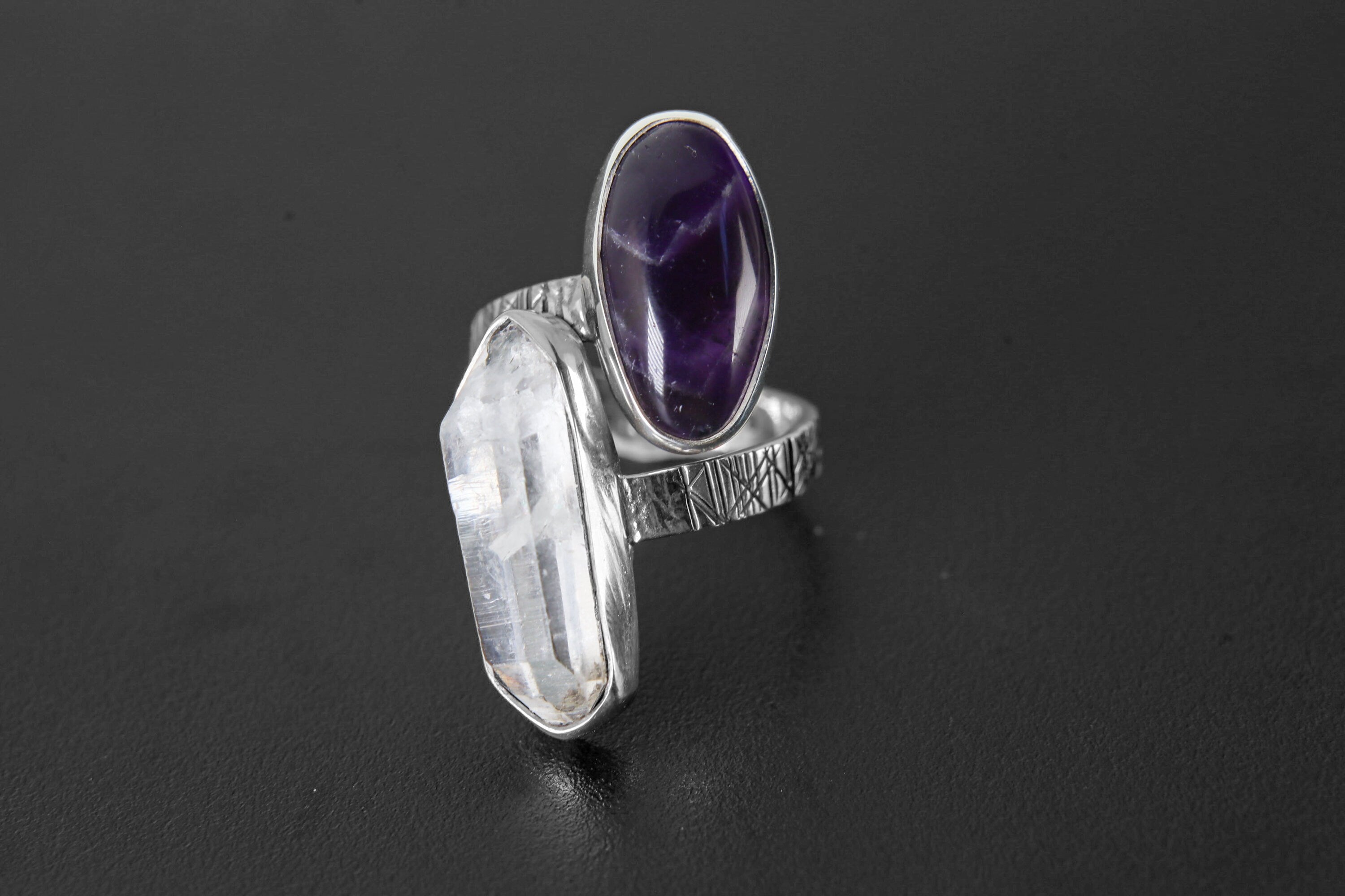 Chevron Amethyst, Double Terminated Quartz- 925 Sterling Silver - Double Stone - Textured, Shiny Finish - Adjustable Open Ring Band