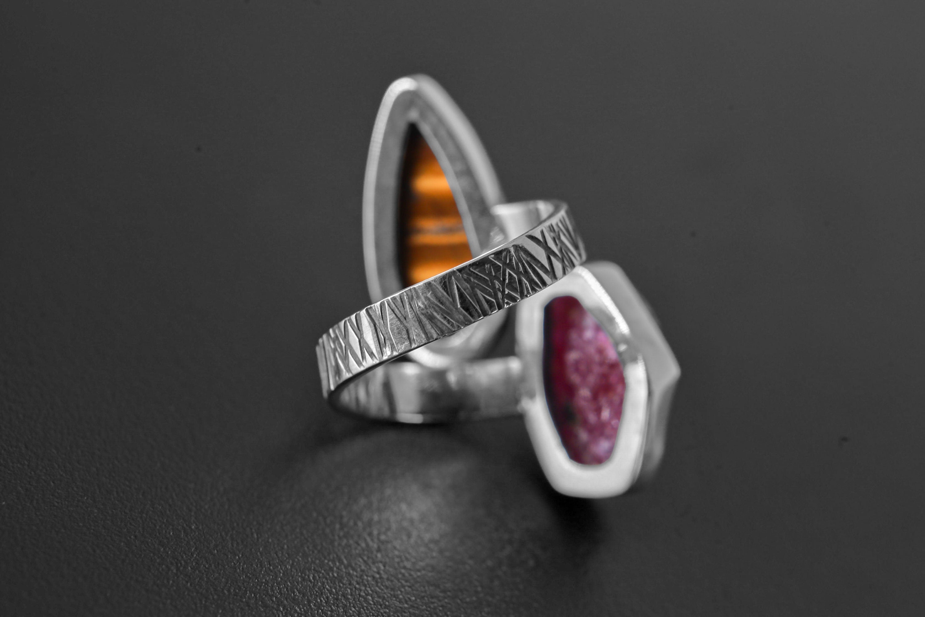 Tear Drop Tigers Eye, Hexagonal Raw Ruby - 925 Sterling Silver - Double Stone - Textured, Shiny Finish - Adjustable Open Ring Band