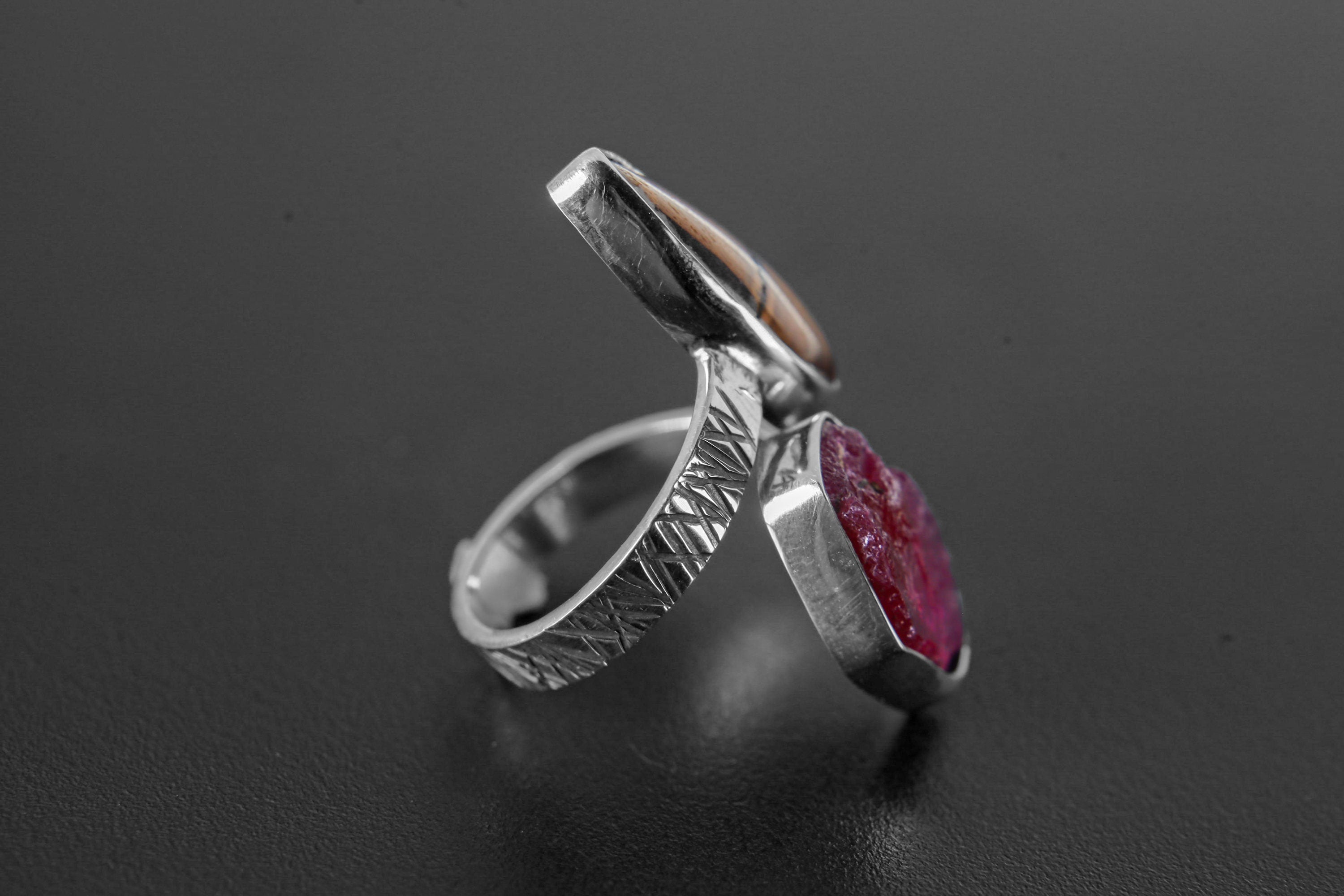 Tear Drop Tigers Eye, Hexagonal Raw Ruby - 925 Sterling Silver - Double Stone - Textured, Shiny Finish - Adjustable Open Ring Band