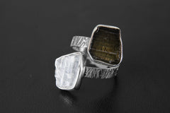 Gem green Tourmaline, Faden Quartz - 925 Sterling Silver - Double Stone - Textured, Shiny Finish - Adjustable Open Ring Band
