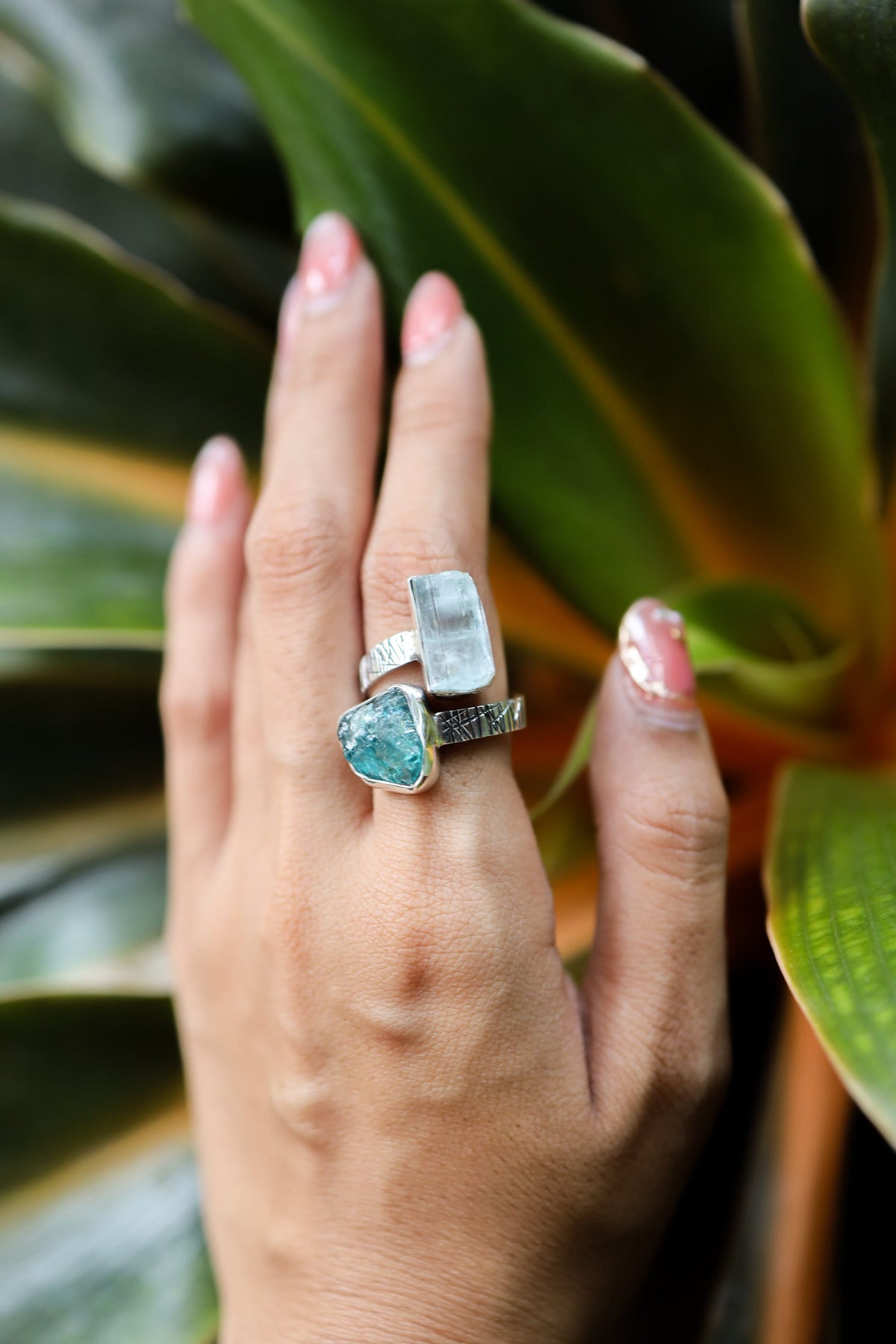 Gem Aquamarine, Blue Crystal Apatite - 925 Sterling Silver - Double Stone - Textured, High Shine Polish - Adjustable Open Ring Band