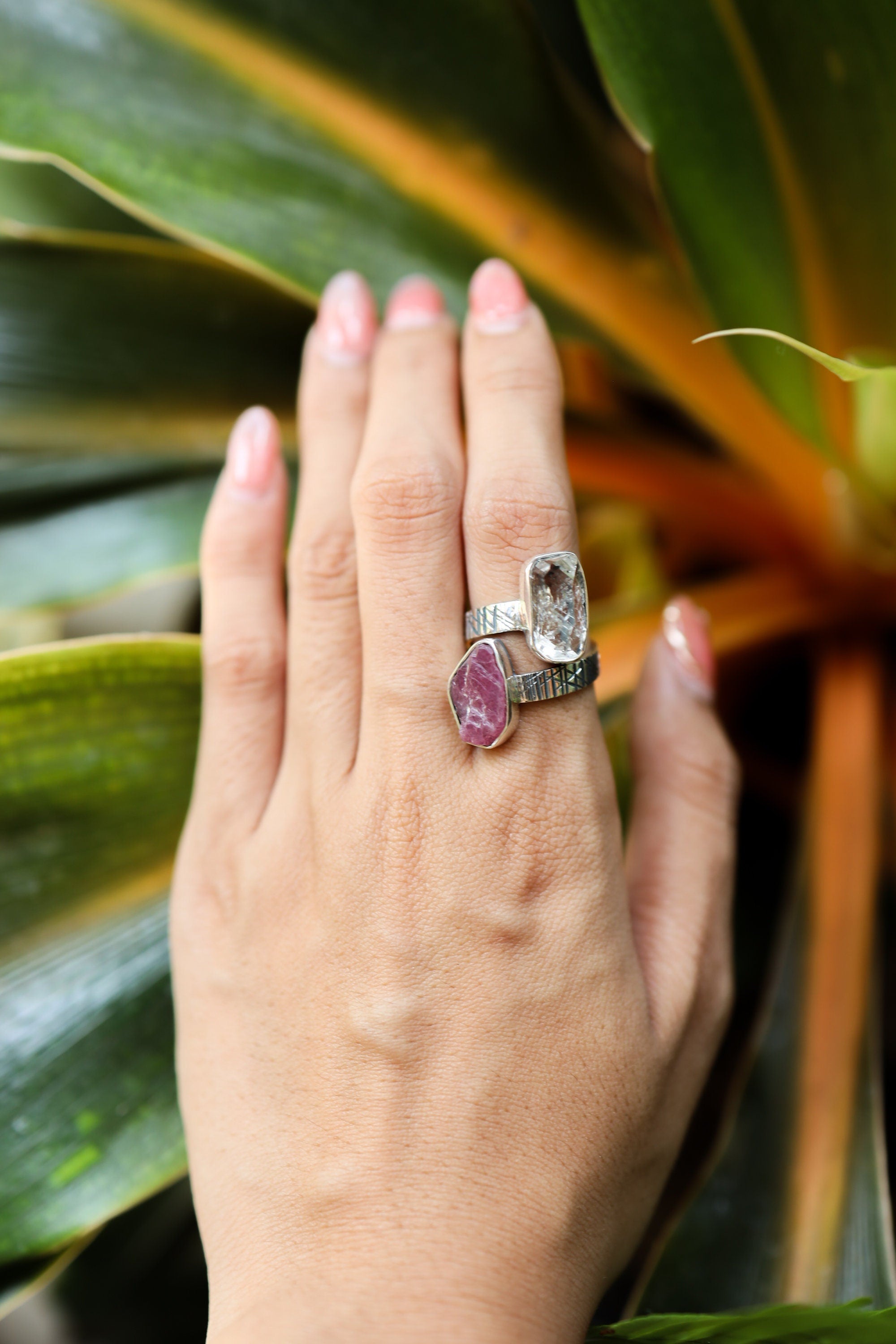 Herkimer Diamond, Raw Gem Ruby - 925 Sterling Silver - Double Stone - Textured, High Shine Polish - Adjustable Open Ring Band