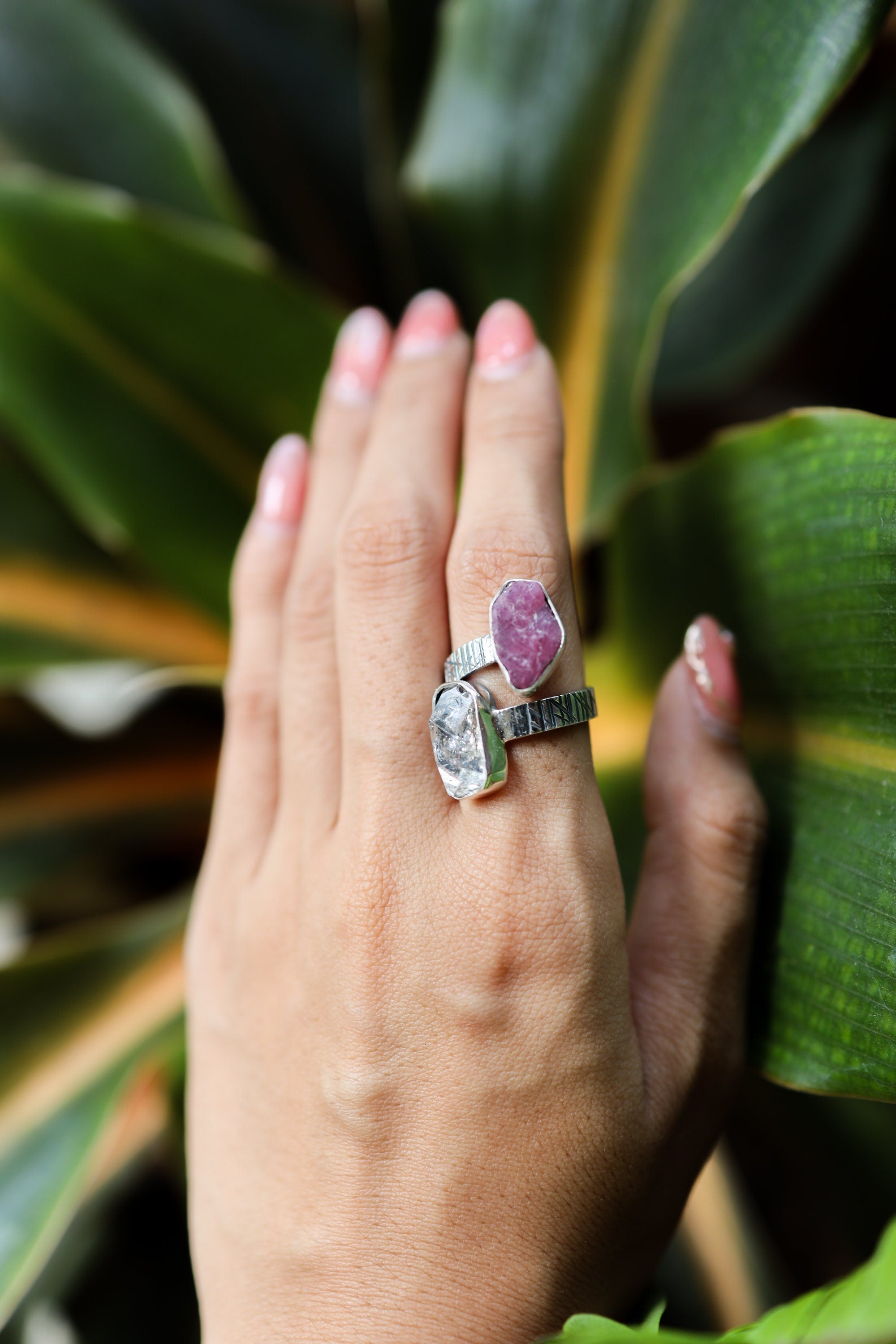 Herkimer Diamond, Raw Gem Ruby - 925 Sterling Silver - Double Stone - Textured, High Shine Polish - Adjustable Open Ring Band