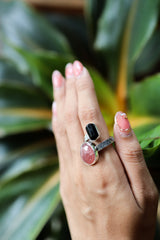 Gem Dravite tourmaline, Sunstone - 925 Sterling Silver - Double Stone - Textured, Shiny Finish - Adjustable Open Ring Band