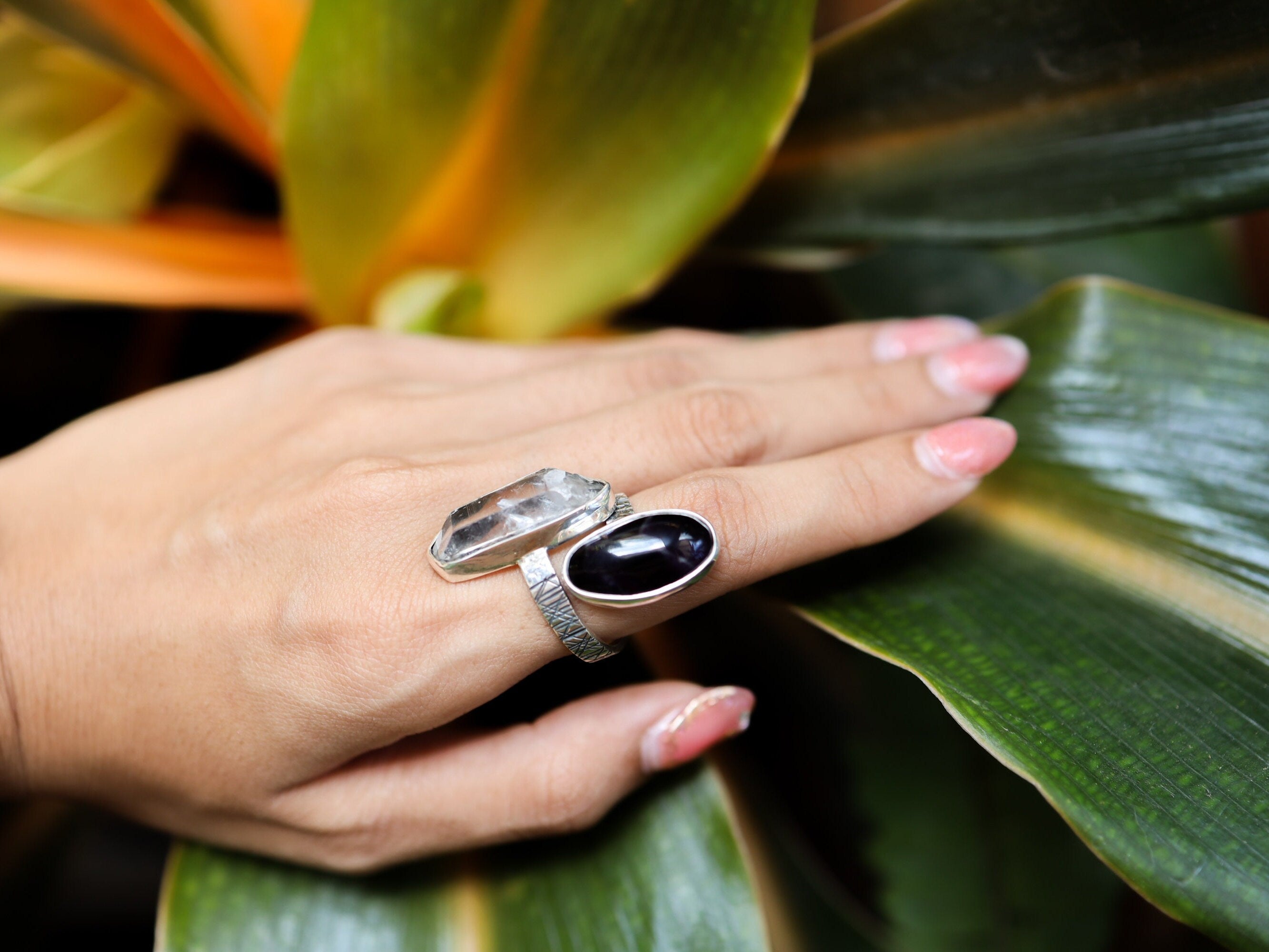 Chevron Amethyst, Double Terminated Quartz- 925 Sterling Silver - Double Stone - Textured, Shiny Finish - Adjustable Open Ring Band