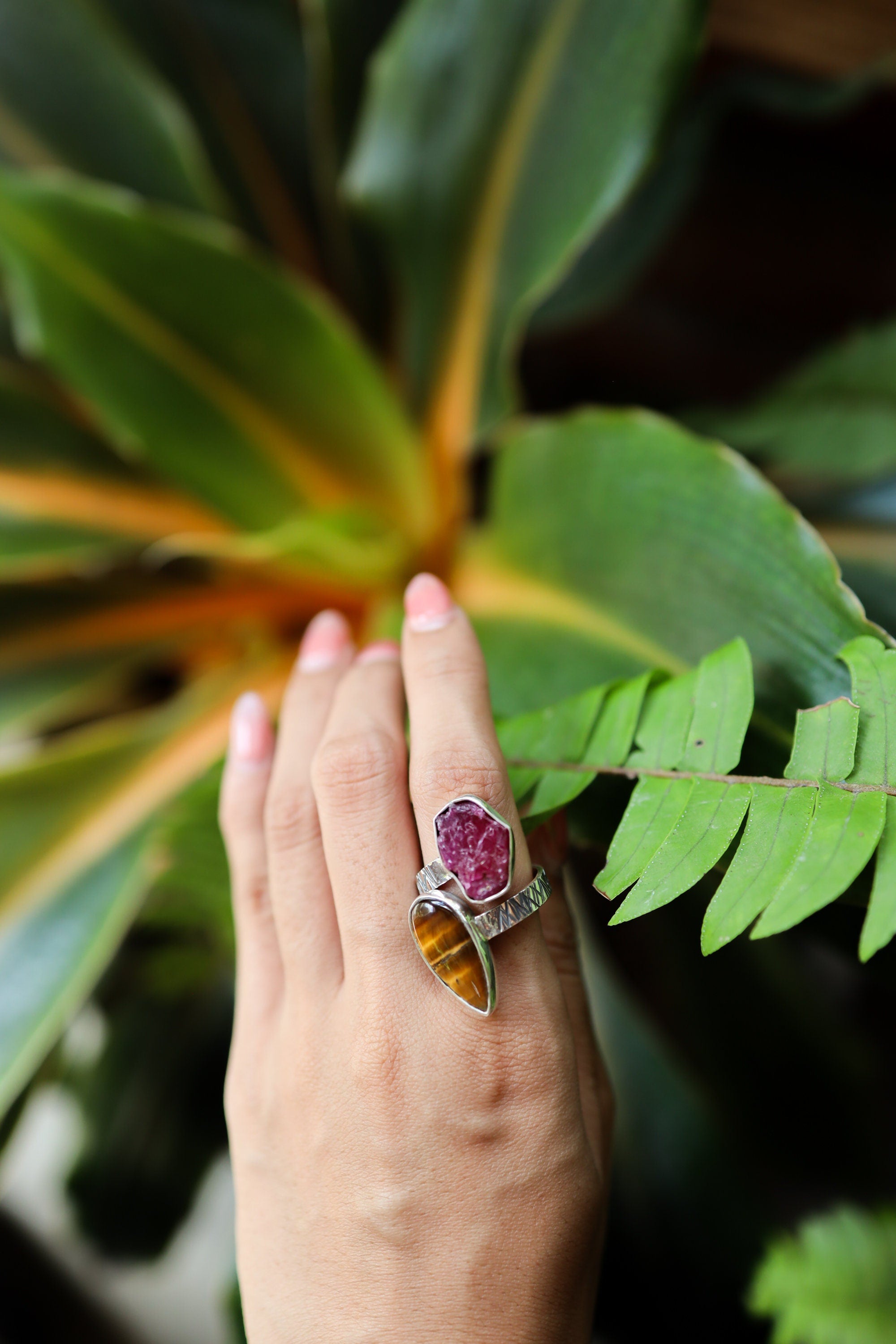 Tear Drop Tigers Eye, Hexagonal Raw Ruby - 925 Sterling Silver - Double Stone - Textured, Shiny Finish - Adjustable Open Ring Band