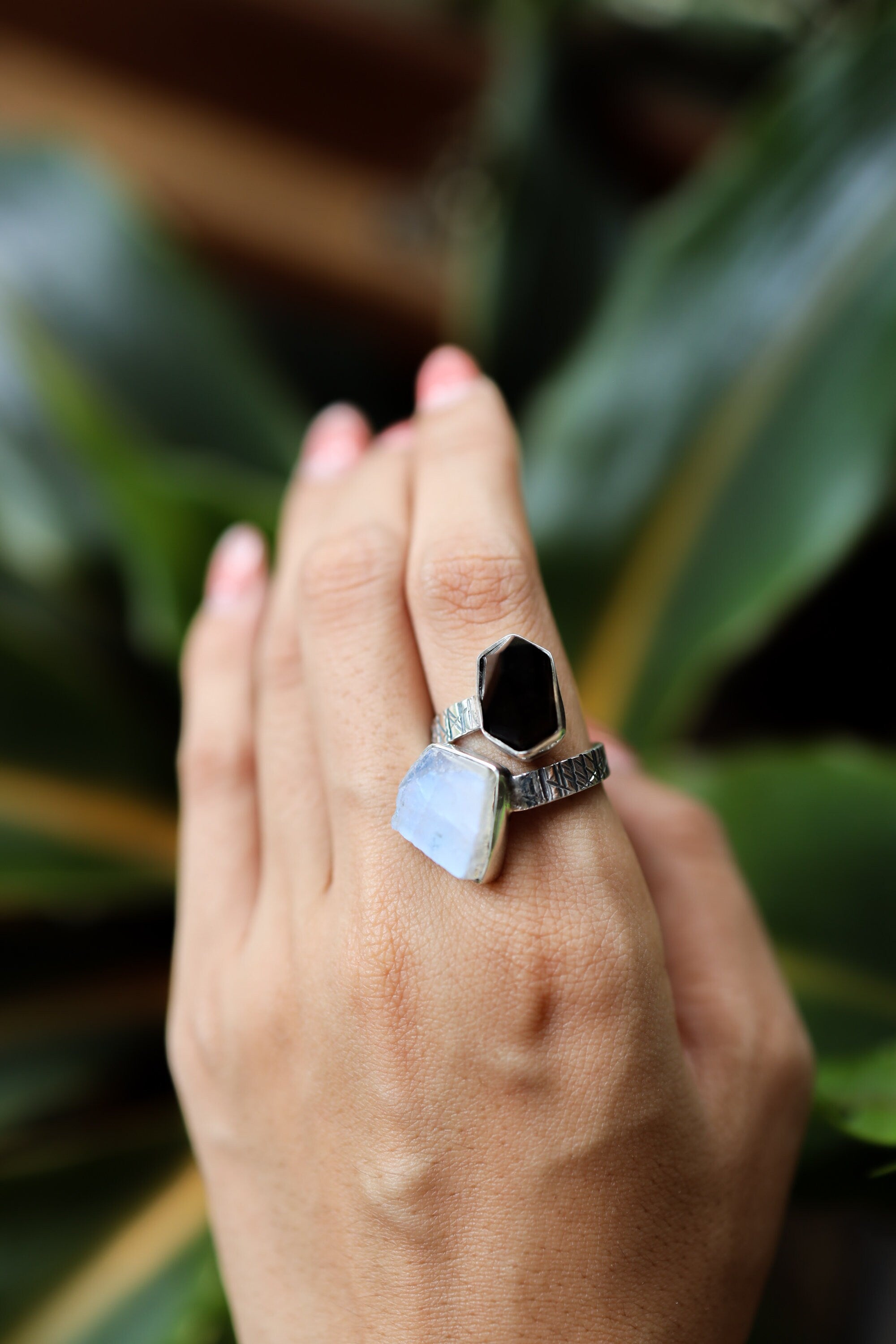 Rough Blue Moonstone, Morella Smoky Quartz - Double Stone - Textured, High Shine Polish - Adjustable Open Ring Band