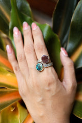 Hexagonal Gem Ruby & Sleeping Beauty Turquoise - 925 Sterling Silver - Double Stone - Textured, Polished - Adjustable Open Ring Band