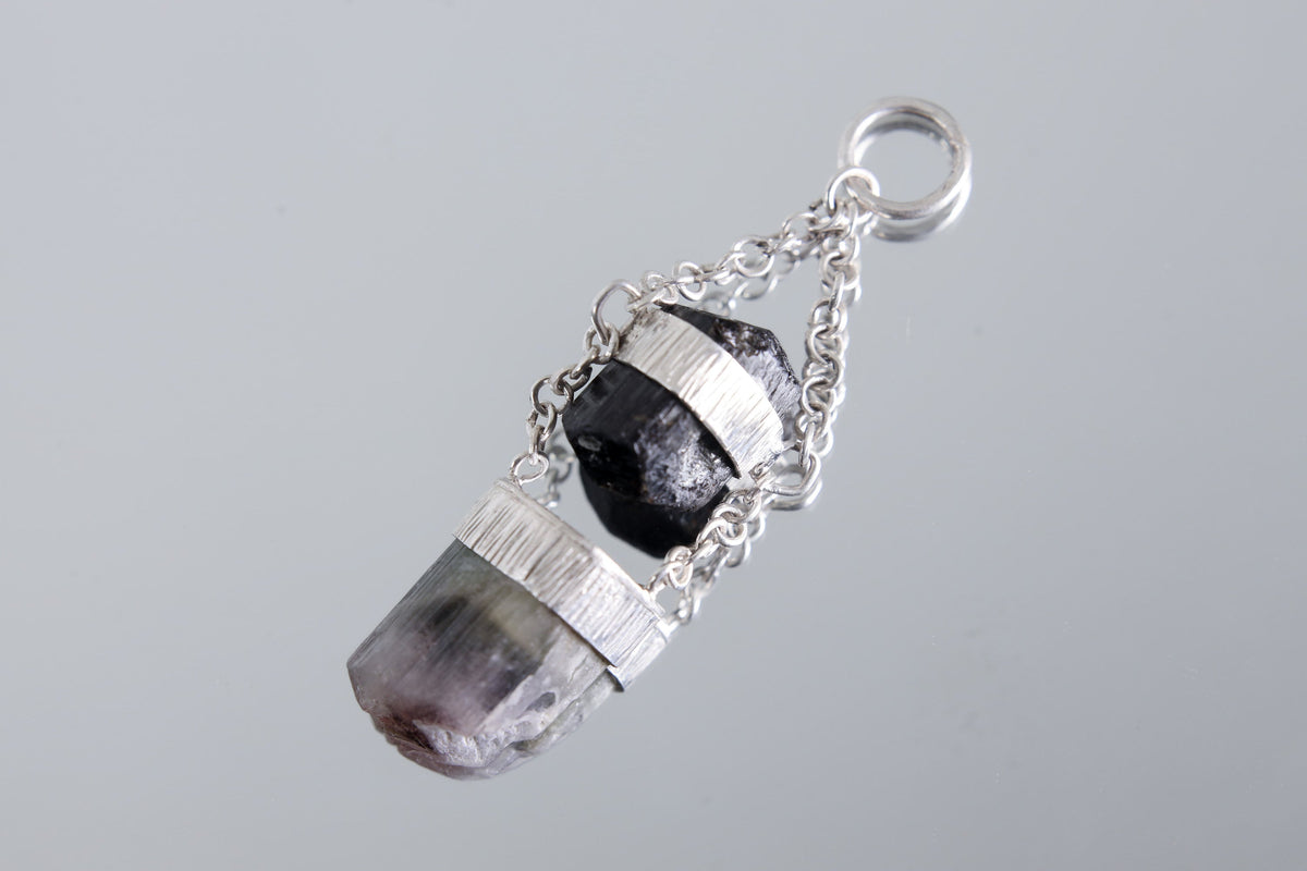 Black Tourmaline & Watermelon Tourmaline Pendant with Specialty Chain - Sterling Silver Crystal Pendant