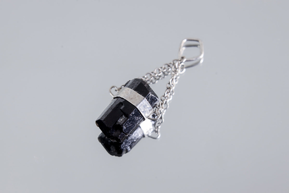 Double Terminated Black Tourmaline Pendant, Wrapped Textured Silver, Chain Bail, Sterling Silver Crystal Charm, Protective Energy, N0/02