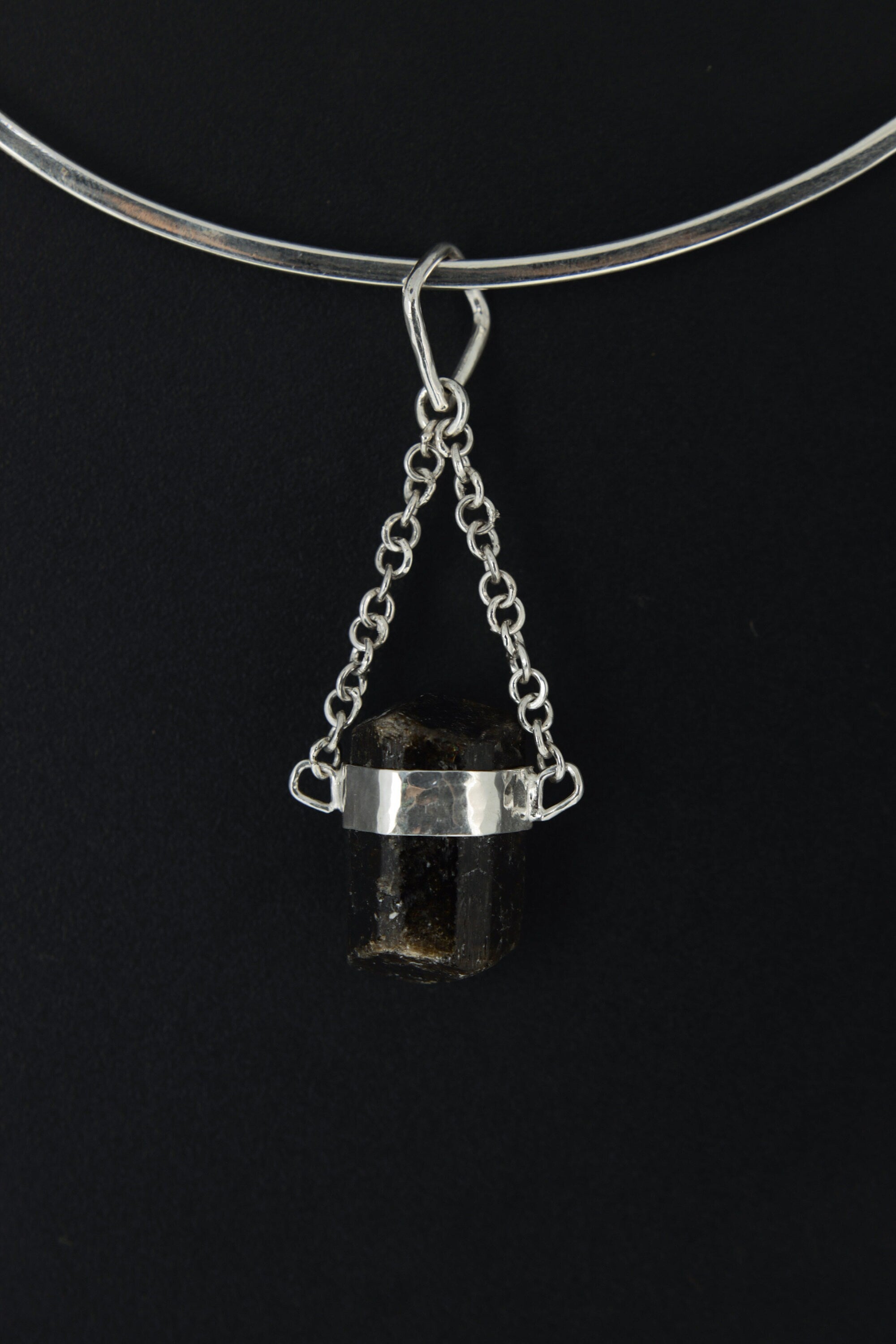 Double Terminated Black Tourmaline Pendant, Wrapped Textured Silver, Chain Bail, Sterling Silver Crystal Charm, Protective Energy, N0/03