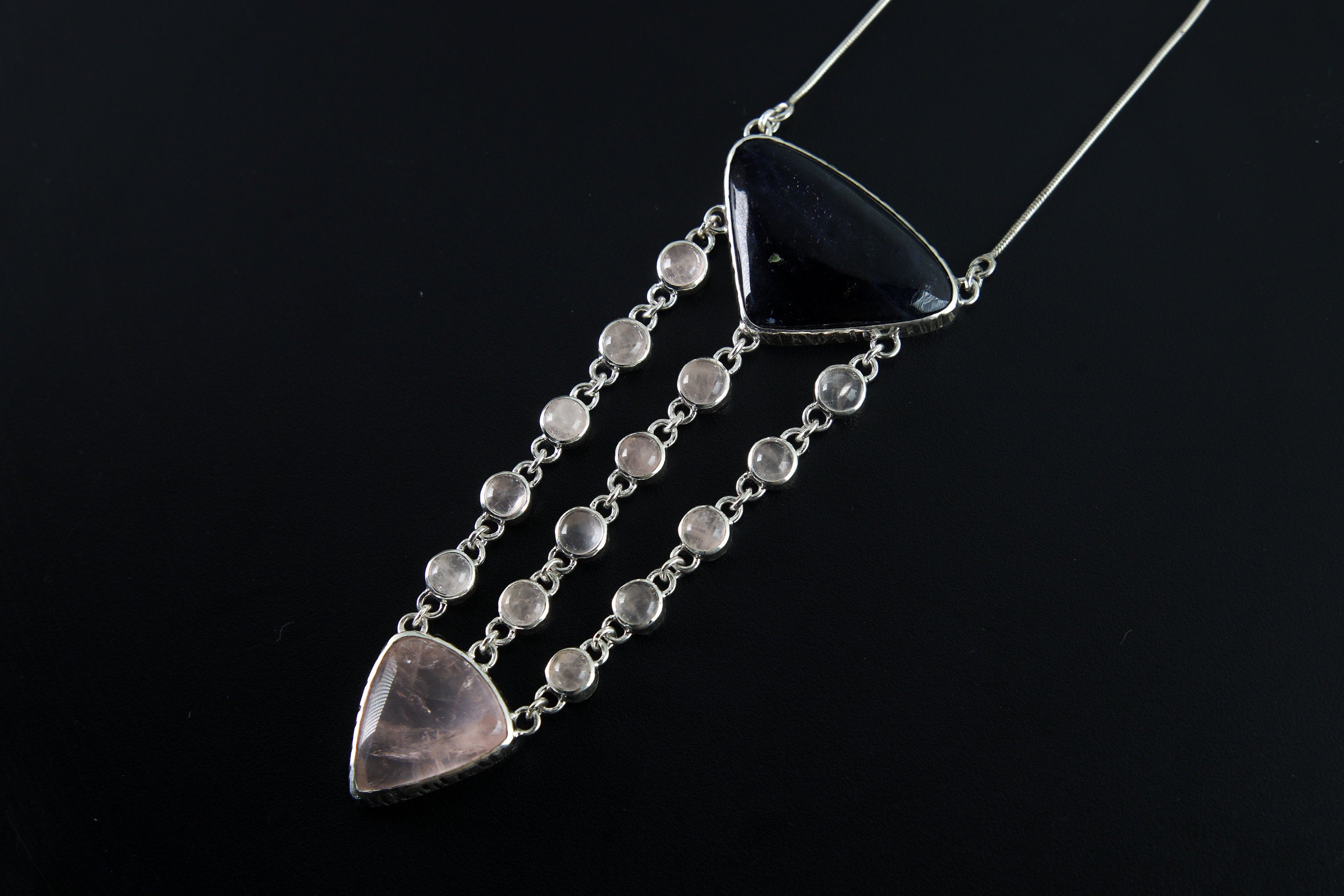 Sterling Silver Pendant Featuring Triangular Precious Tanzanite & Cascading Rose Quartz Buttons Rose Quartz Triangle 16inch Adjustable Chain