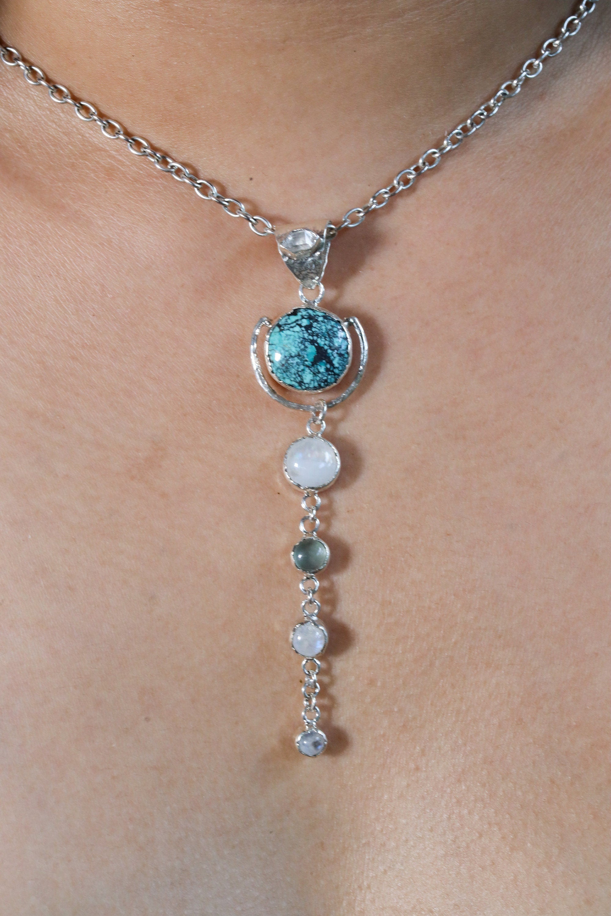 Sterling Silver Pendant with Round Turquoise, Orbital Dangling Moonstones, Aquamarine Textured Finish, Balance & Spiritual Awareness