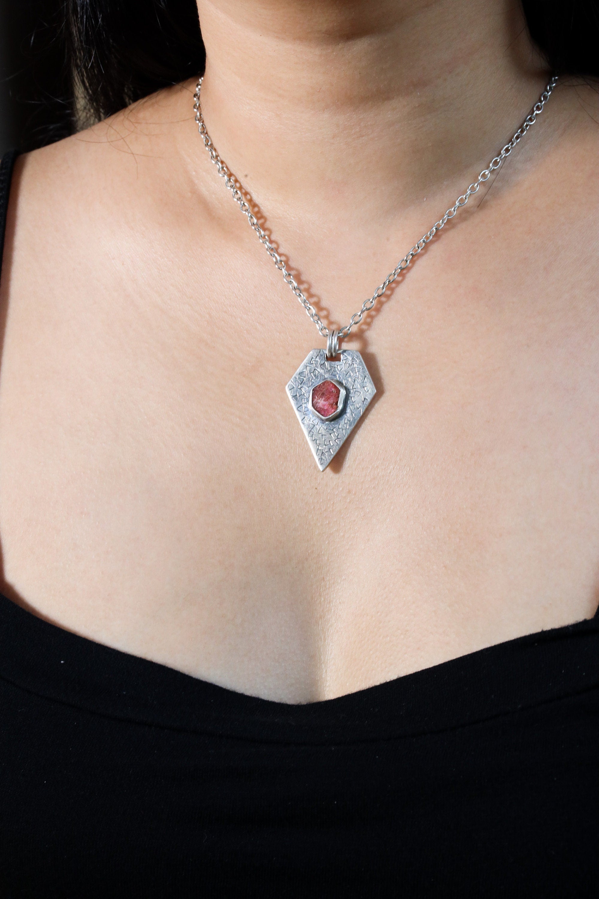 Geometric Gemmy Record Keeper Ruby Muse - Sterling Silver Pendant - Textured & Shiny Finished