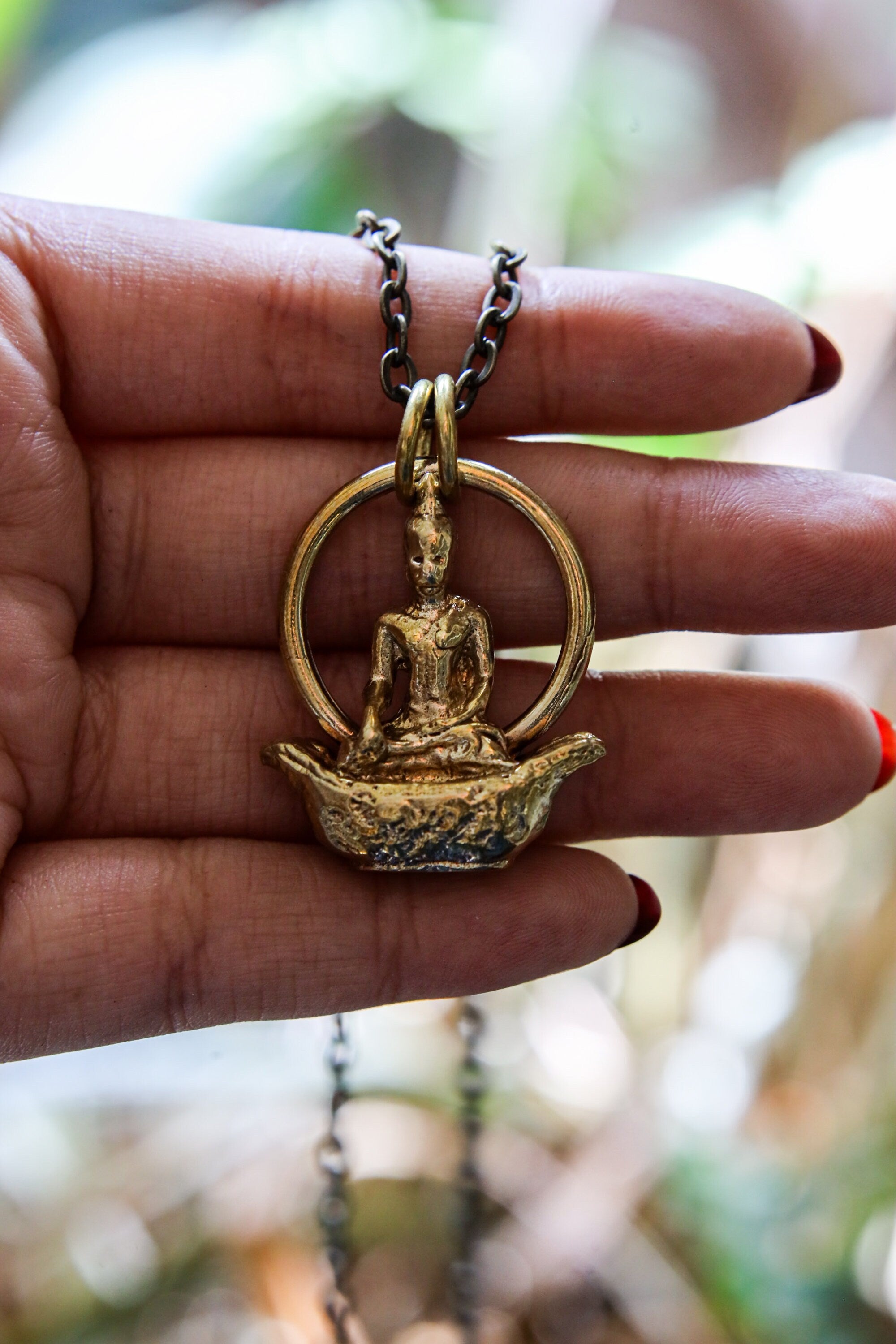 Cast Pendant with Buddha Sitting on Boat Talisman, Gold Plated Brass Charm, Inner Peace & Prosperity, Buddhist Spiritual Jewelry