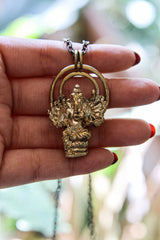 Cast Pendant with Sitting Ganesha Halo Talisman, Gold Plated Brass Charm, Abundance & Protection, Hindu Symbolic Jewelry