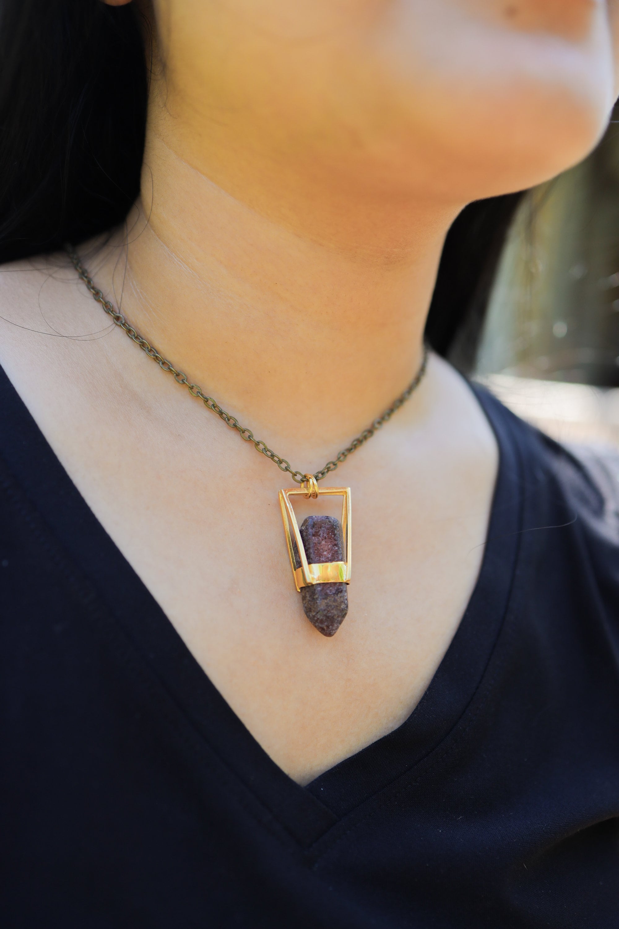 Polished Inclusion Quartz Point- Glueless Unique Square band Wrap Setting - Gold Plated Sterling Silver - Crystal Pendant