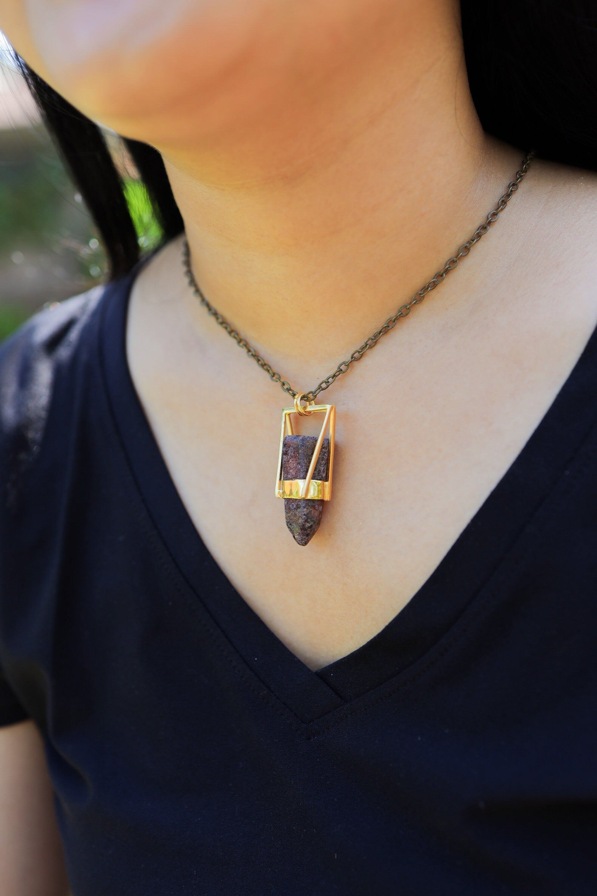 Polished Inclusion Quartz Point- Glueless Unique Square band Wrap Setting - Gold Plated Sterling Silver - Crystal Pendant