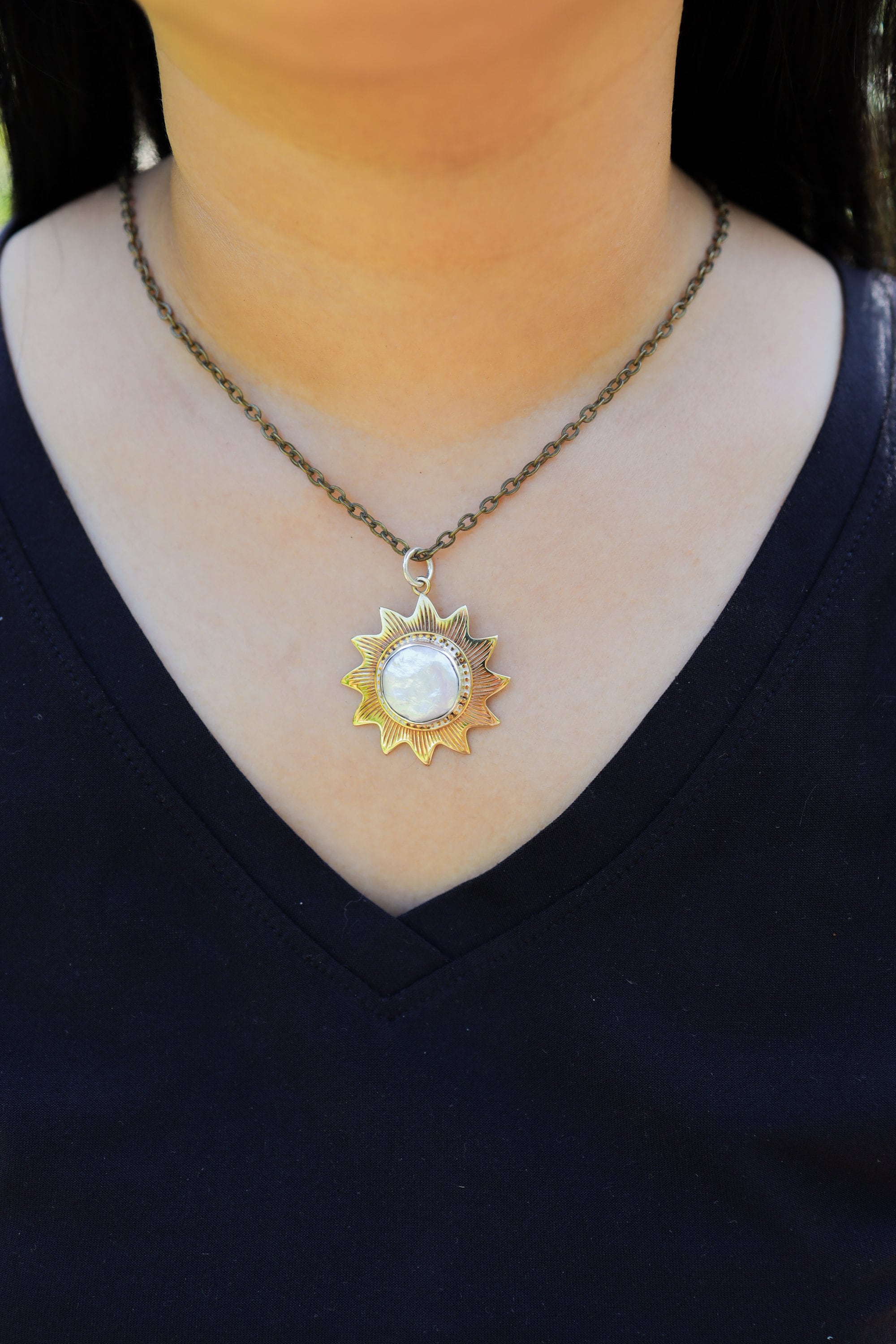 Lustrous Sunburst Pendant: Mother-of-Pearl Stone - Gold-toned Brass Pendant - Emotional Balance and Tranquillity