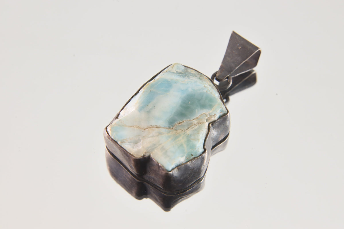 Large Larimar - Oxidised & Brushed Sterling Silver - Strong Triangle Bezel Setting - Crystal Pendant