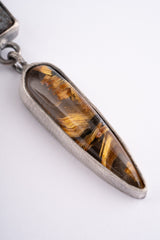 Old Cut Turquoise, High Grade Golden Rutile Tooth - Sterling Silver Pendant - Oxidized and Brush Texture